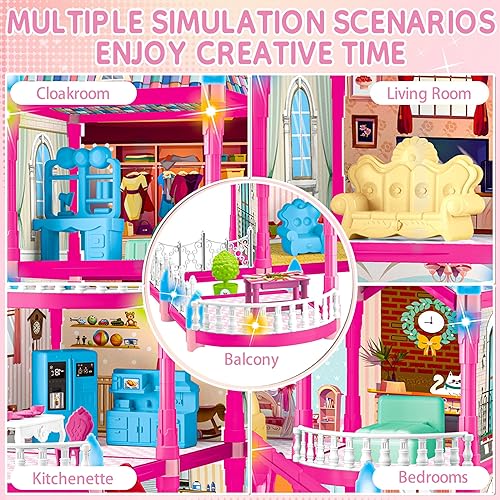 Miniatura 3 de Casa de muñecas para niñas, 10 habitaciones, casa de muñecas rosa con figura de muñecas, cachorros, muebles, accesorios, luz LED, casa de juegos