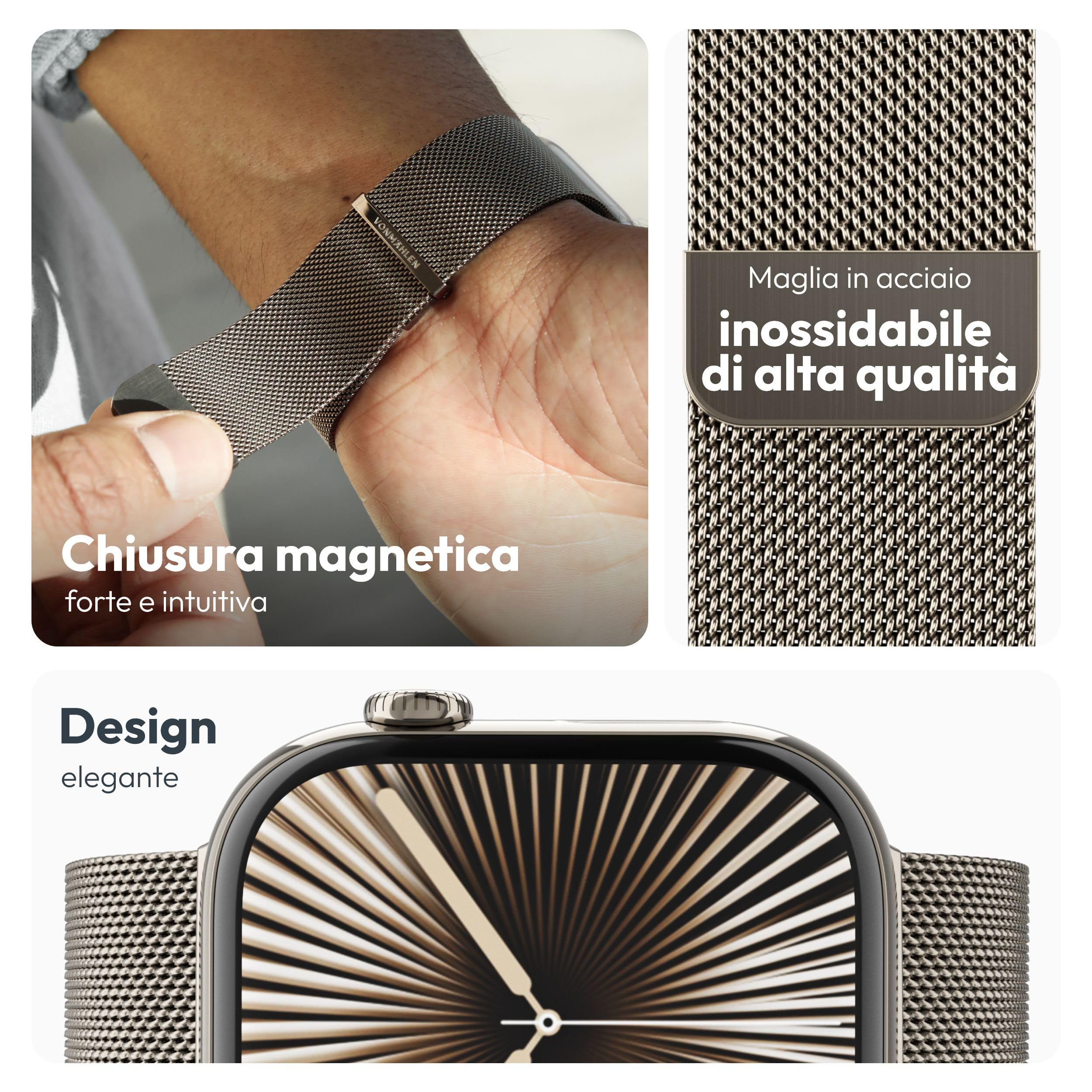 VONMÄHLEN Milanese Loop 2 - Cinturino in Maglia Milanese per Apple Watch, Chiusura Magnetica, Compatibile con Apple Watch Ultra 2, Design Elegante - Sabbia del deserto - 44 | 45 | 46 | 49 mm