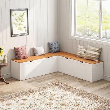 L Shape Kitchen Breakfast Nook Bench, Kitchen Corner Nook Bench Seating with Hidden Storage, Corner Dining Bench for Entryway. Yellow + White