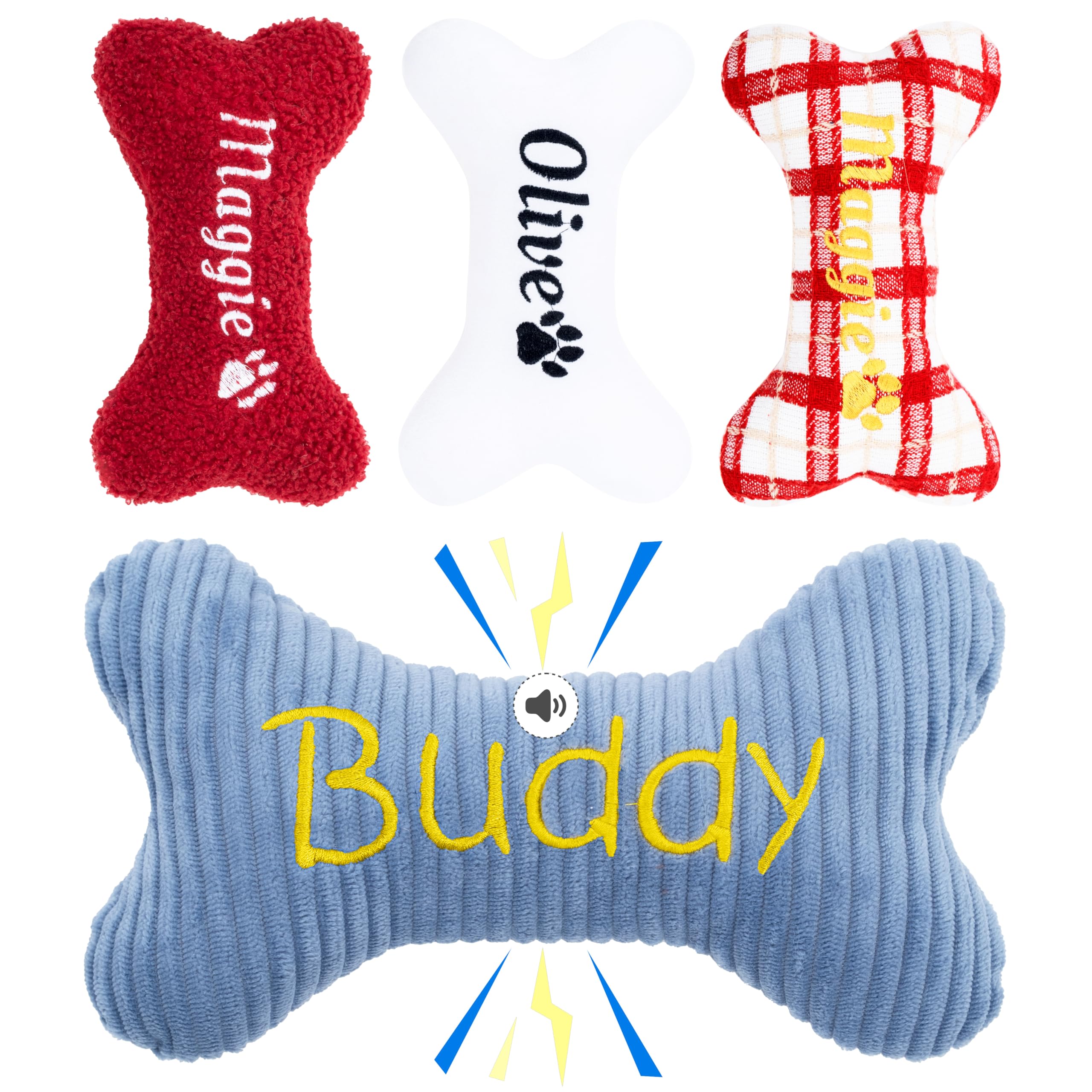 SINUOLIN 2026 Personalized Squeaky Dog Toys Embroidered Bone Shape Corduroy Pet Pillow 8x5with Custmoized Name Cute Dog Chew