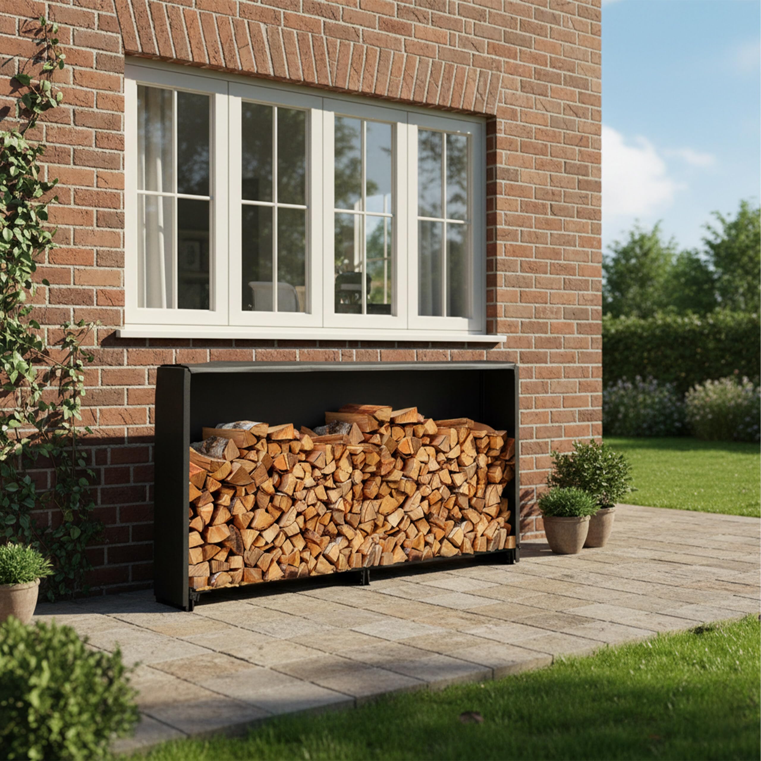 Relaxdays Kaminholzregal mit Abdeckung, für Holz ab 25 cm, Brennholzregal aus Eisen, HBT: 110 x 200 x 29 cm, schwarz