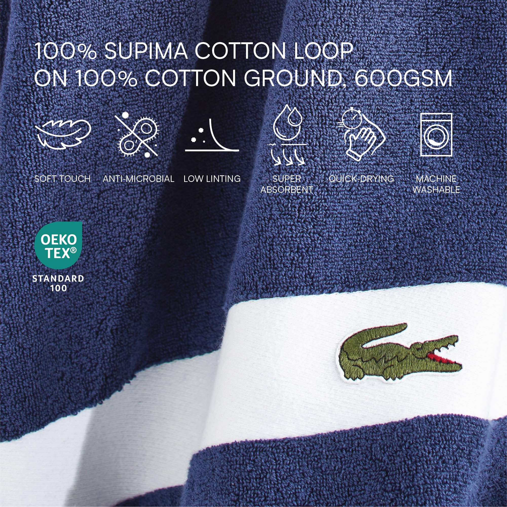Lacoste Set di asciugamani sportivi a strisce in cotone di lusso, 6 pezzi, realizzati con 100% morbido cotone Supima, assorbente e asciugatura rapida, include 2 asciugamani da bagno, 2 asciugamani per