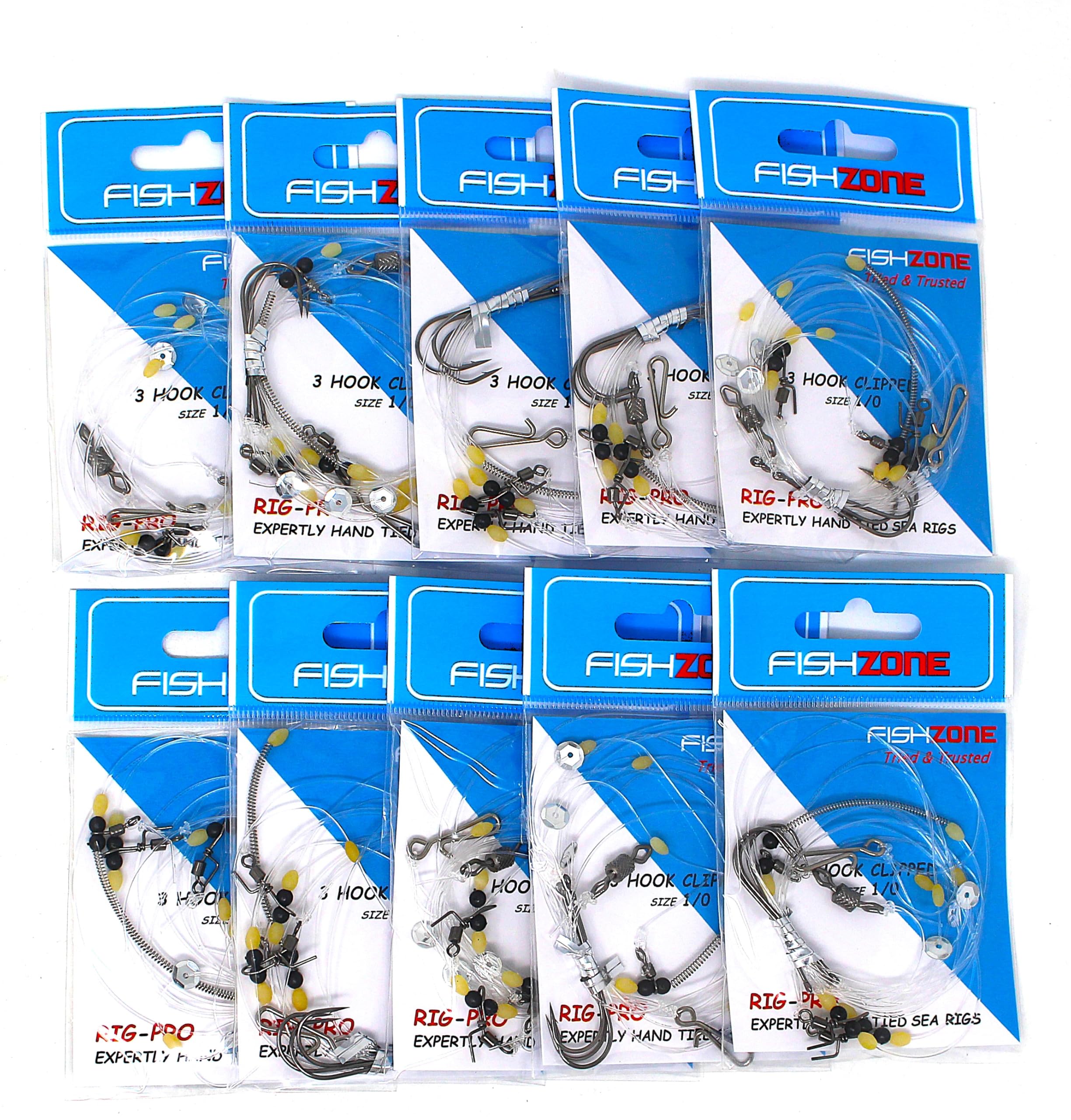 FISHZONE 3 Hook Clipped size 1/0 Bulk Pack 10 x CLIPPED RIGS Ready Tied Rigs - For Sea and Shore Fishing Bulk 10 Classic 3 Hooked Clipped size 1/0