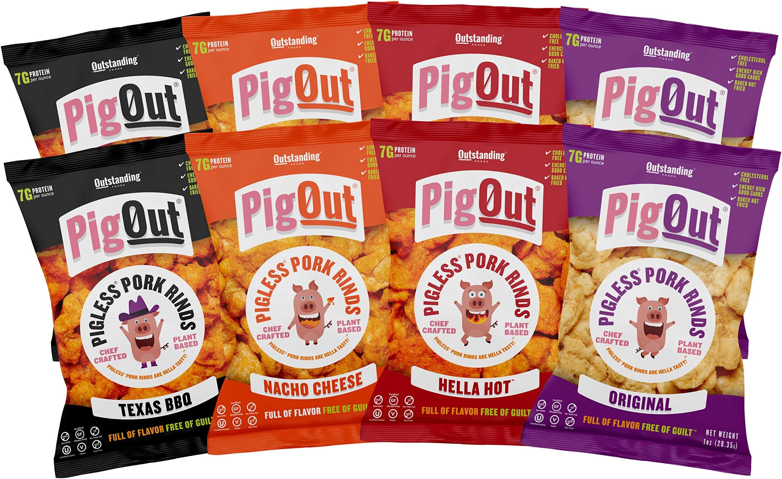 Outstanding Foods PigOut Pigless Pork Rinds Plant-Based Snacks Variety Pack 1oz (8-Pack)
