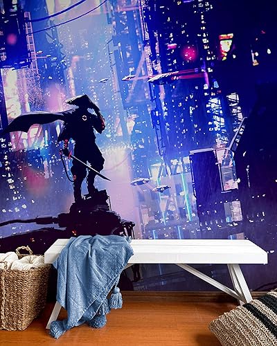 Miniatura 10 de Samurai japonés en Ciudad Neón Cibernética Futurista de Japón. Mural de pared Futuro retro de onda de sintetizador de estilo anime. Papel tapiz