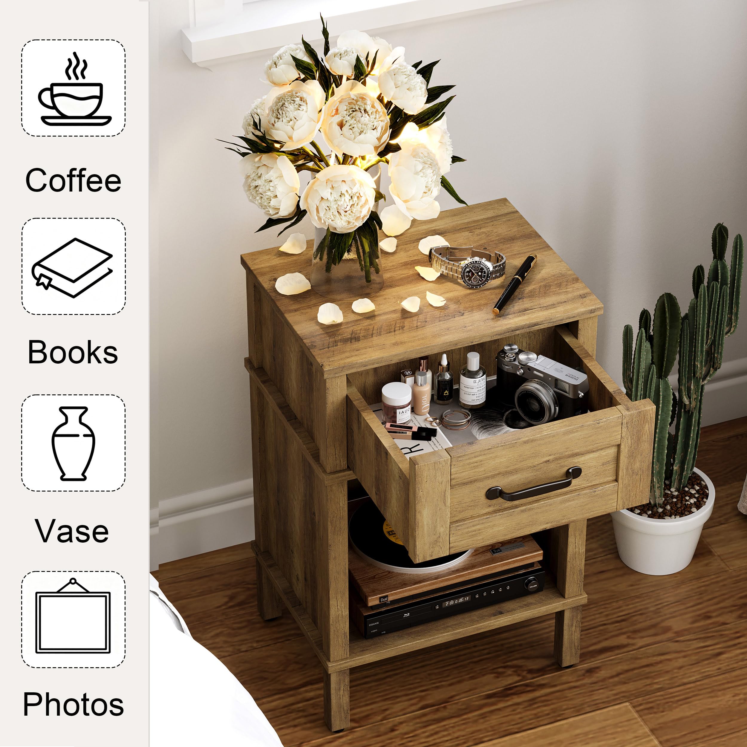 Mesita de Noche de Madera Mesita Auxiliares con Cajones Compartimento Abierto Moderna Minimalista Bedside Table Dormitorio Sala de Estar Marrón rústico LET512DR