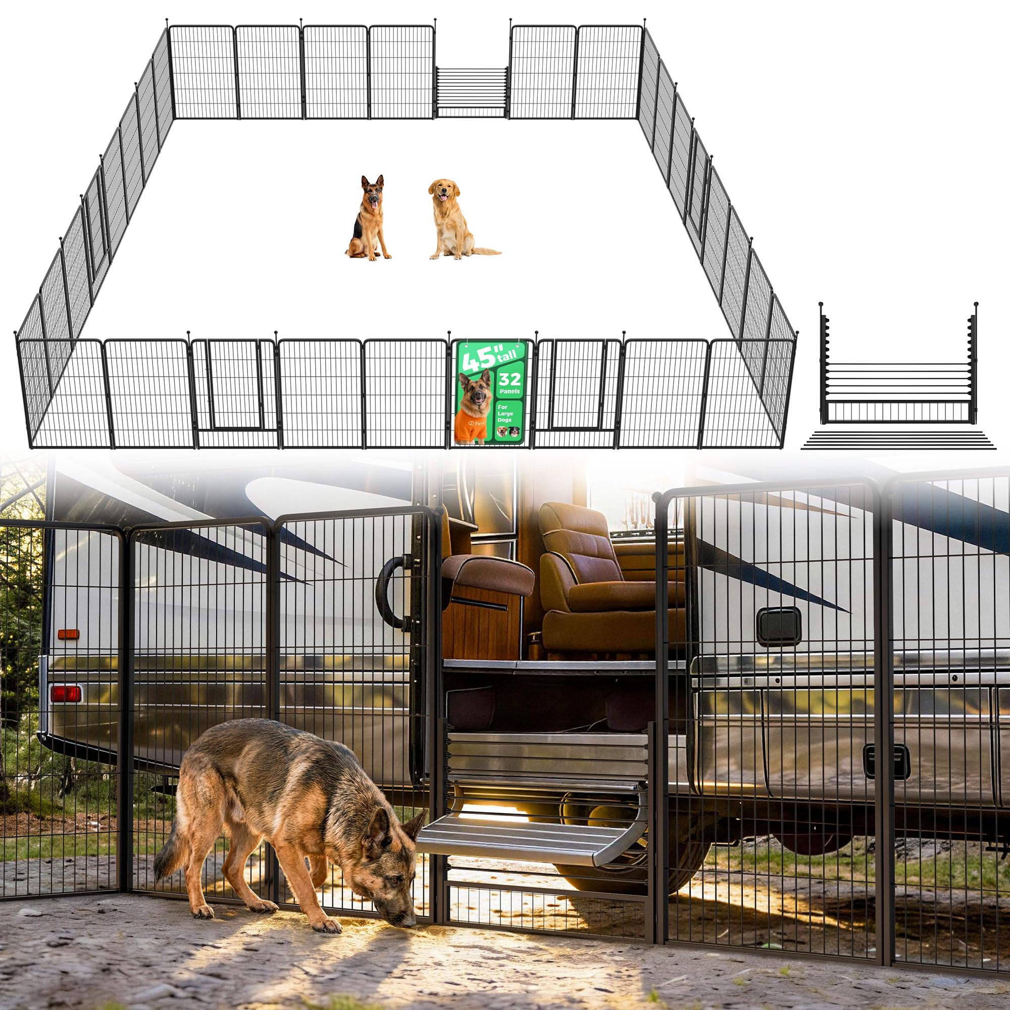 FXW Instant Dog Playpen with RV Step Grid for RV Camping, 45" H, 32 Panels