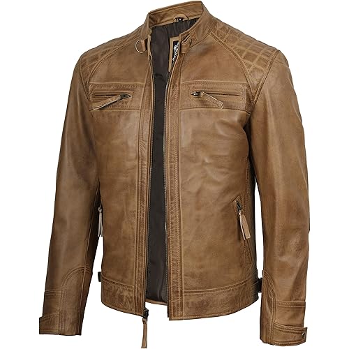 fjackets Real Lambskin Mens Leather Jackets - Quilted Cafe Racer Zip Up Moto Style Leather Jacket Men
