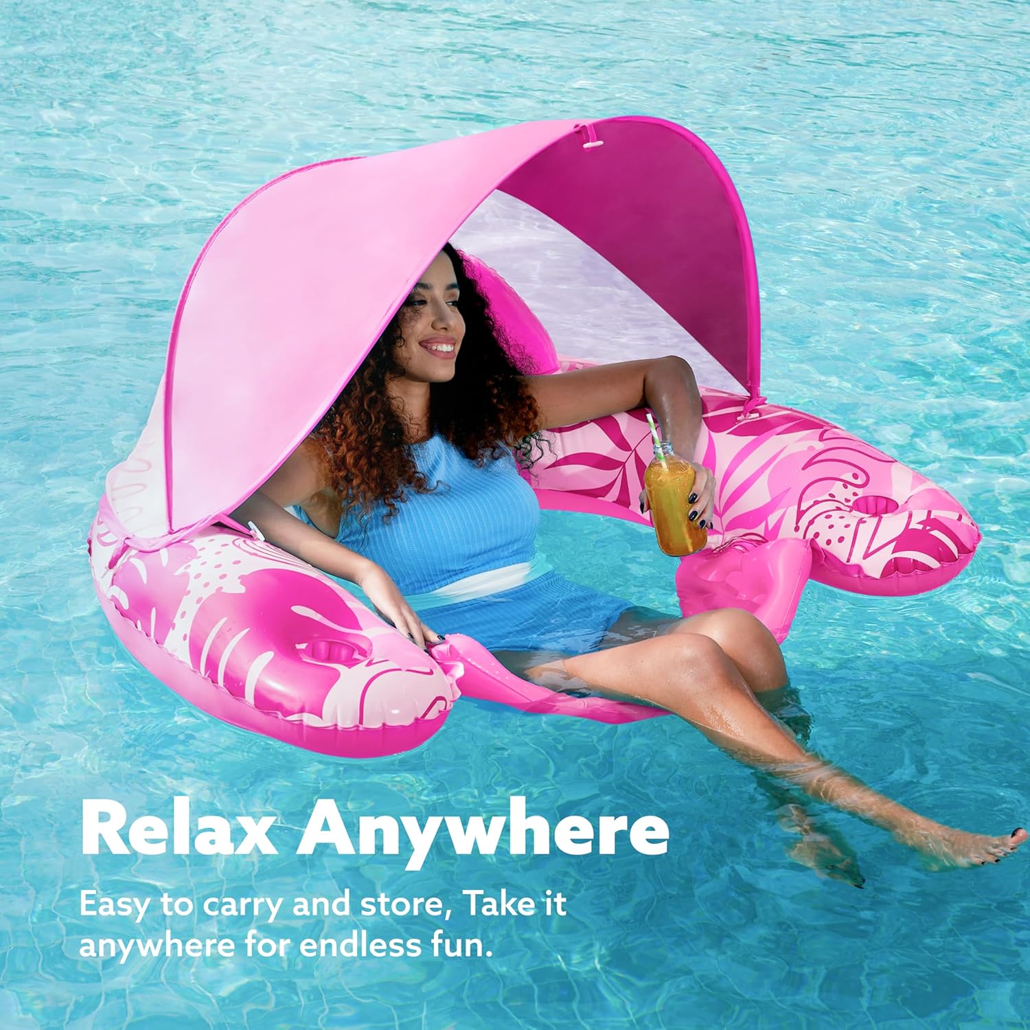 SLOOSH Pool Floats with Canopy Adult,XL Inflatable Pool Lounge Chairs with Cup Holders,Floating Chair for Adults,Inflatable Floaties with Headrest for Party Beach Summer Water Fun