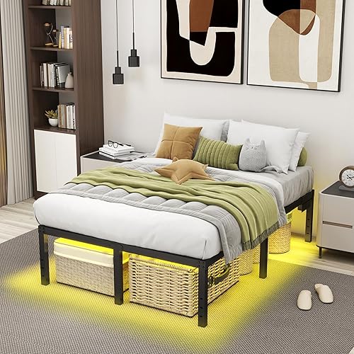 Miniatura 2 de Base de cama tamaño matrimonial con luces LED, base de cama con plataforma de 14 pulgadas, tamaño matrimonial, con estación de carga, base de