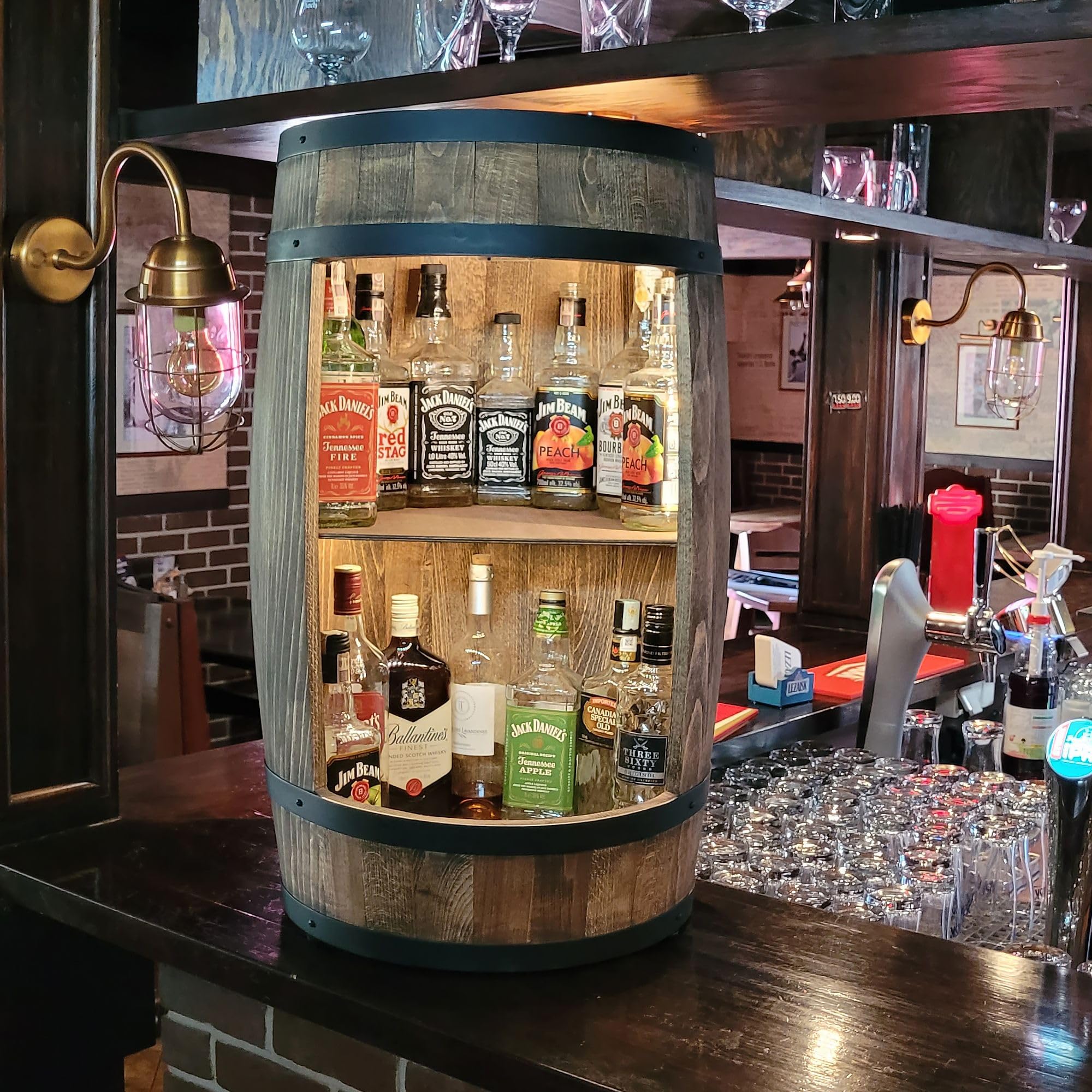 weeco Montabile con illuminazione a LED e portabottiglie per vino, Barile In Legno, decorazione rustica, armadietto da bar, portabottiglie, portabottiglie di vino, Mobilie a forma di botte 80cm wengé