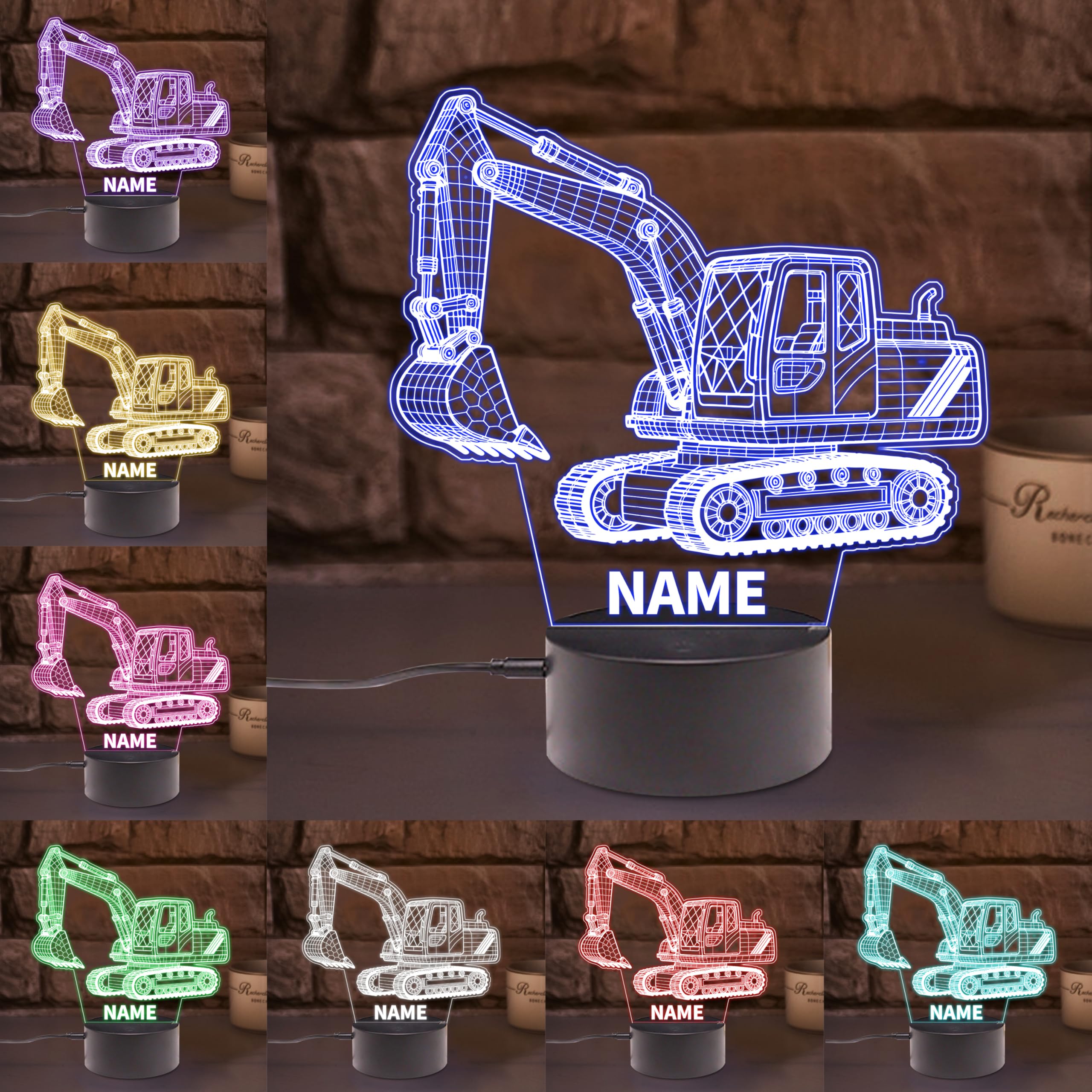 AHROZHOUIK Personalised Acrylic Excavator Night Light Custom Name Funny Excavators Themed Neon Sign for Home Bedroom Decor Gifts for Family Friend Excavator Lovers Birthday Xmas (Style 16)