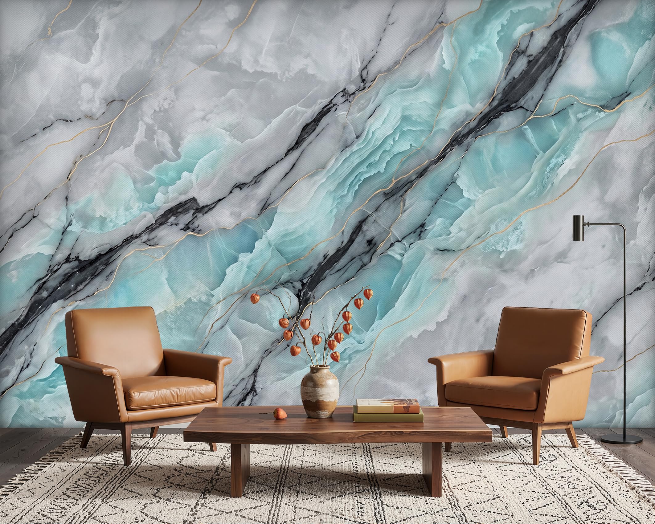 PaxGloz Grey Blue Marble Wall Mural, Teal Blue Wallpaper for Living Room & Bedroom, Non-Woven Decorative Wall Art 350x256 cm