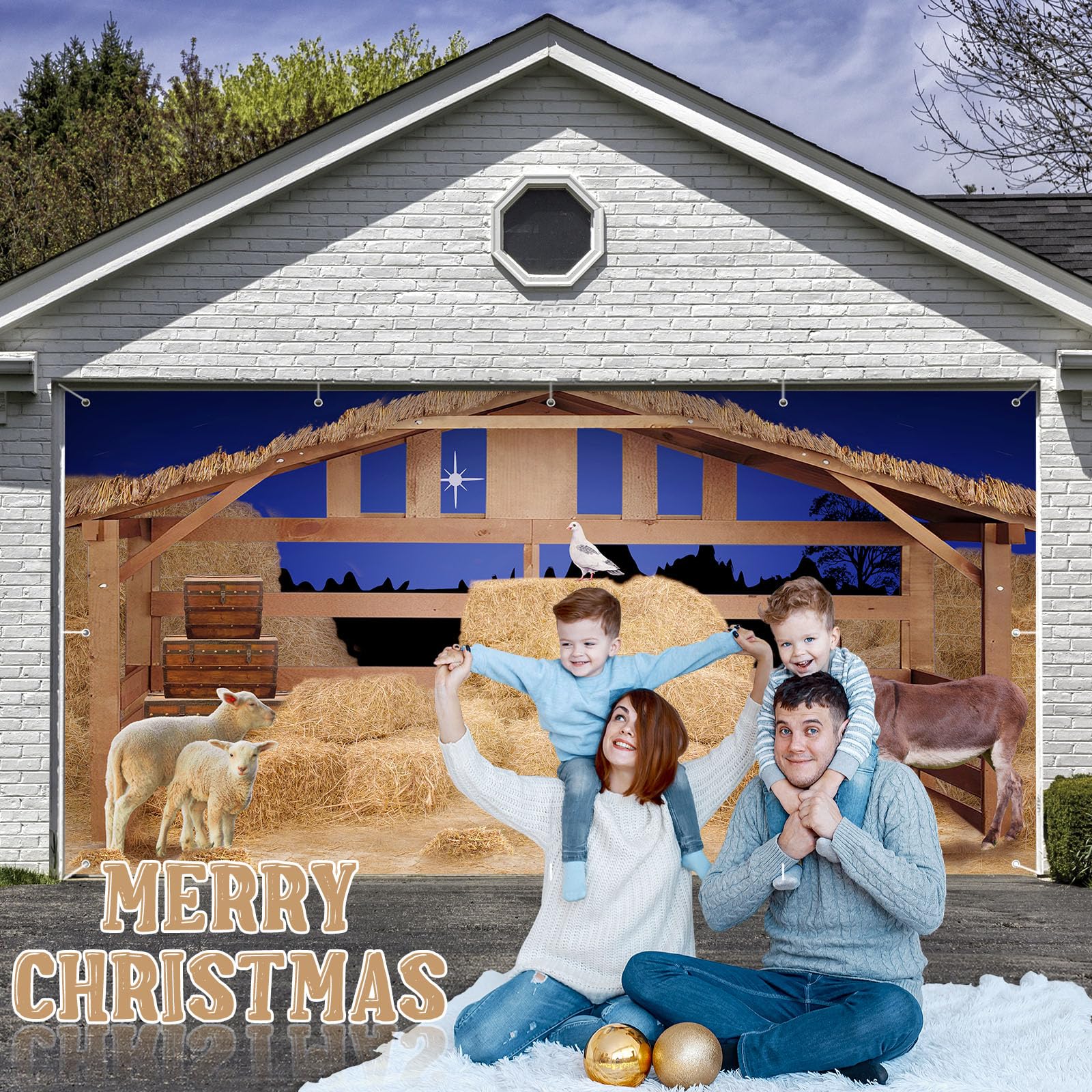 Weihnachtskrippen Garagentor Banner – 244x488 Cm, Polyester, Für Outdoor-Weihnachtsdekoration