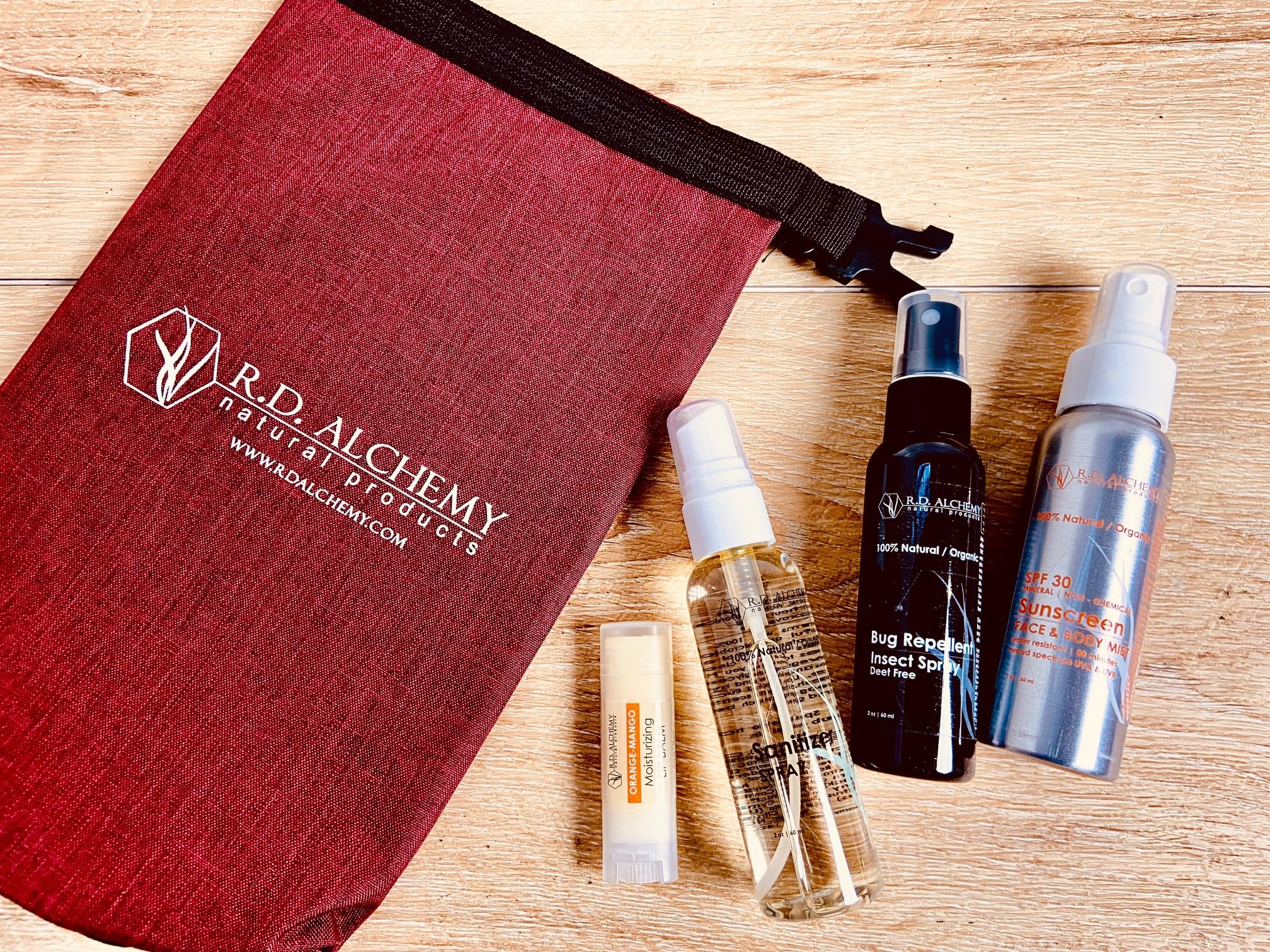RD Alchemy - 100 Natural Organic Adventure Bag - Includes Hand Cleaning Spray Bug Spray Lip Balm SPF30