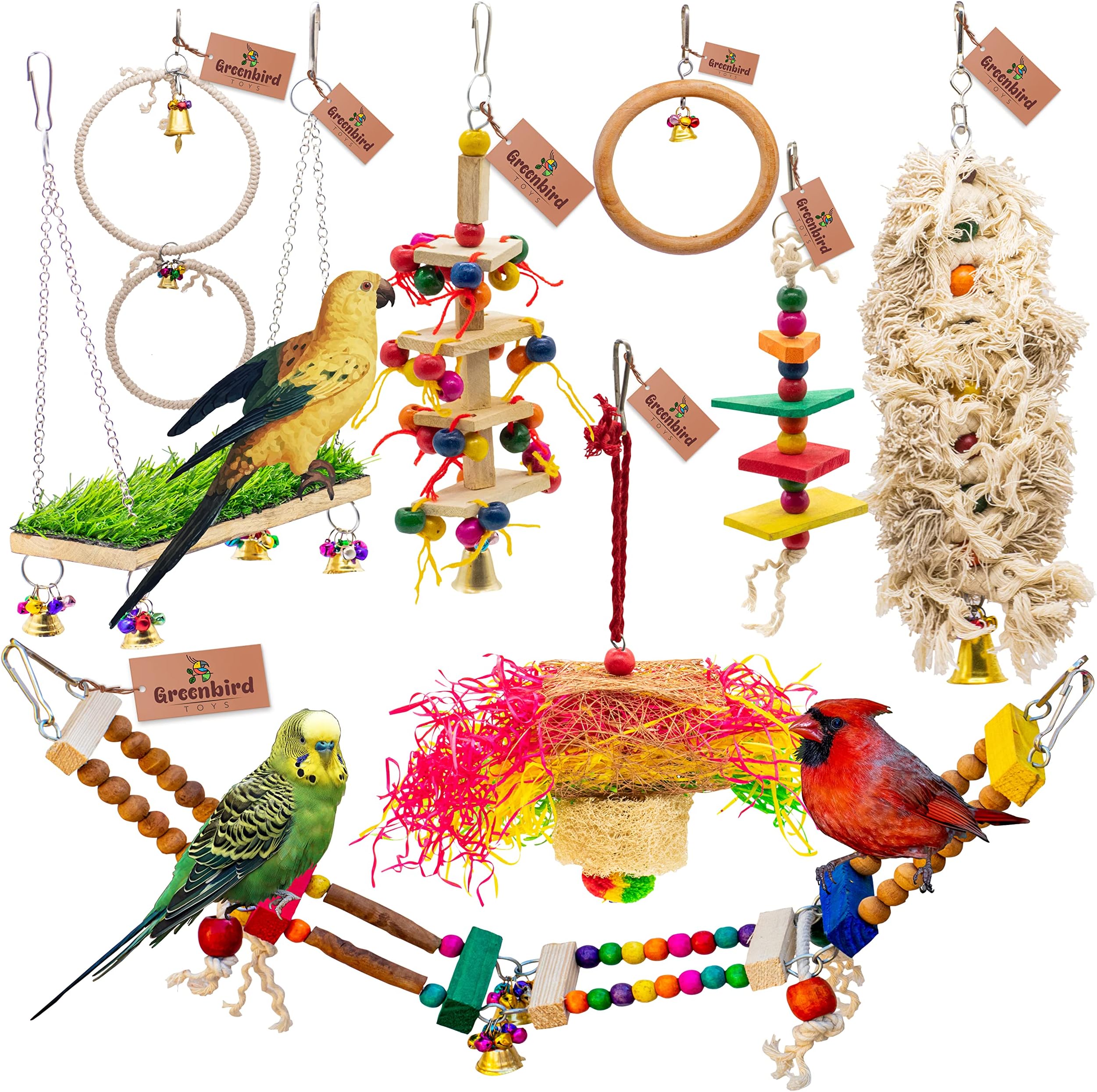 GREENBIRDSGREENBIRDS Pack of 8 Pcs Bird Colorful Chewing Foraging Shredder Toys, Grass Swings, Ring Perch, Parrot for Bird & Parrot Parakeets, Conures, Cockatiel, Lovebird