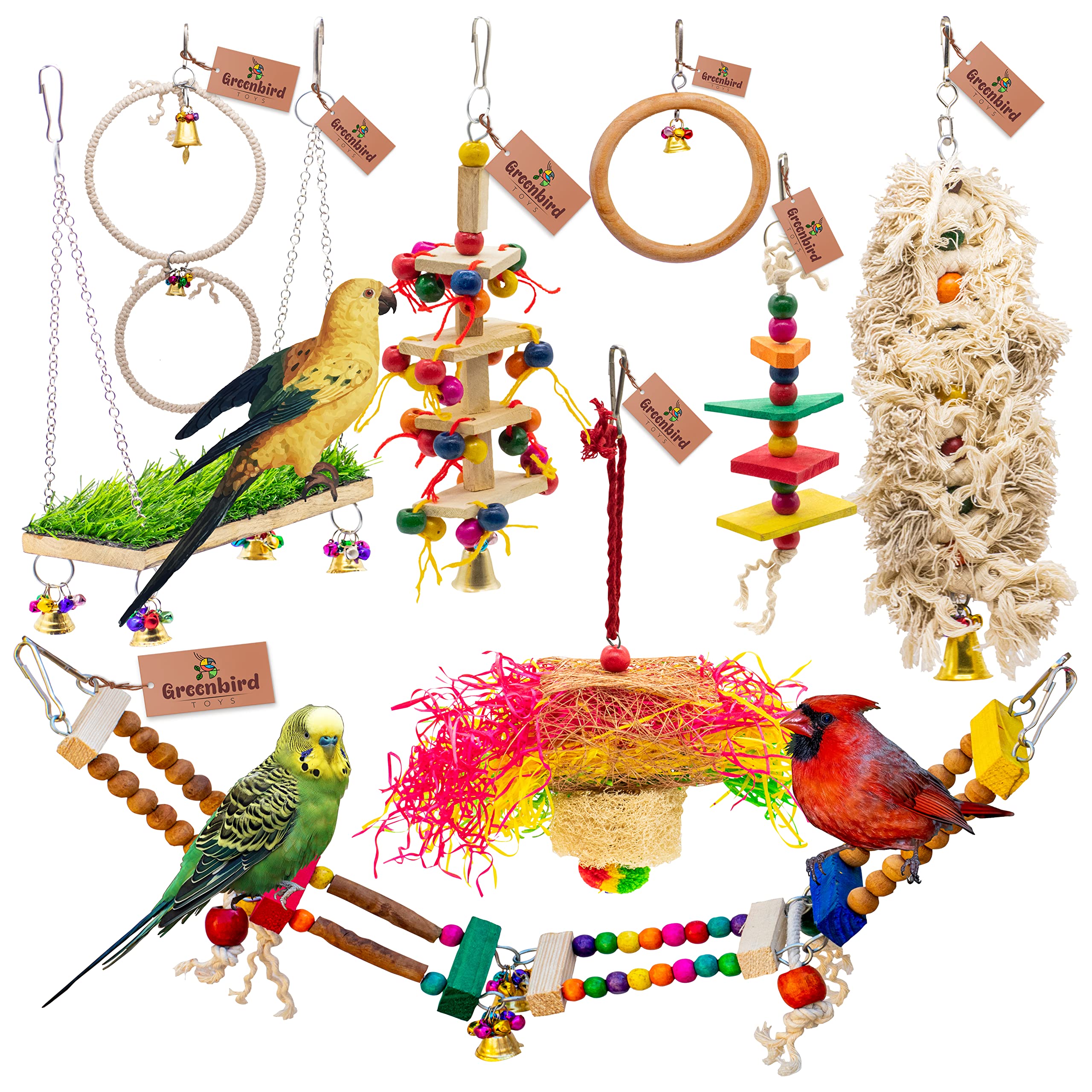 GREENBIRDSGREENBIRDS Pack of 8 Pcs Bird Colorful Chewing Foraging Shredder Toys, Grass Swings, Ring Perch, Parrot for Bird & Parrot Parakeets, Conures, Cockatiel, Lovebird