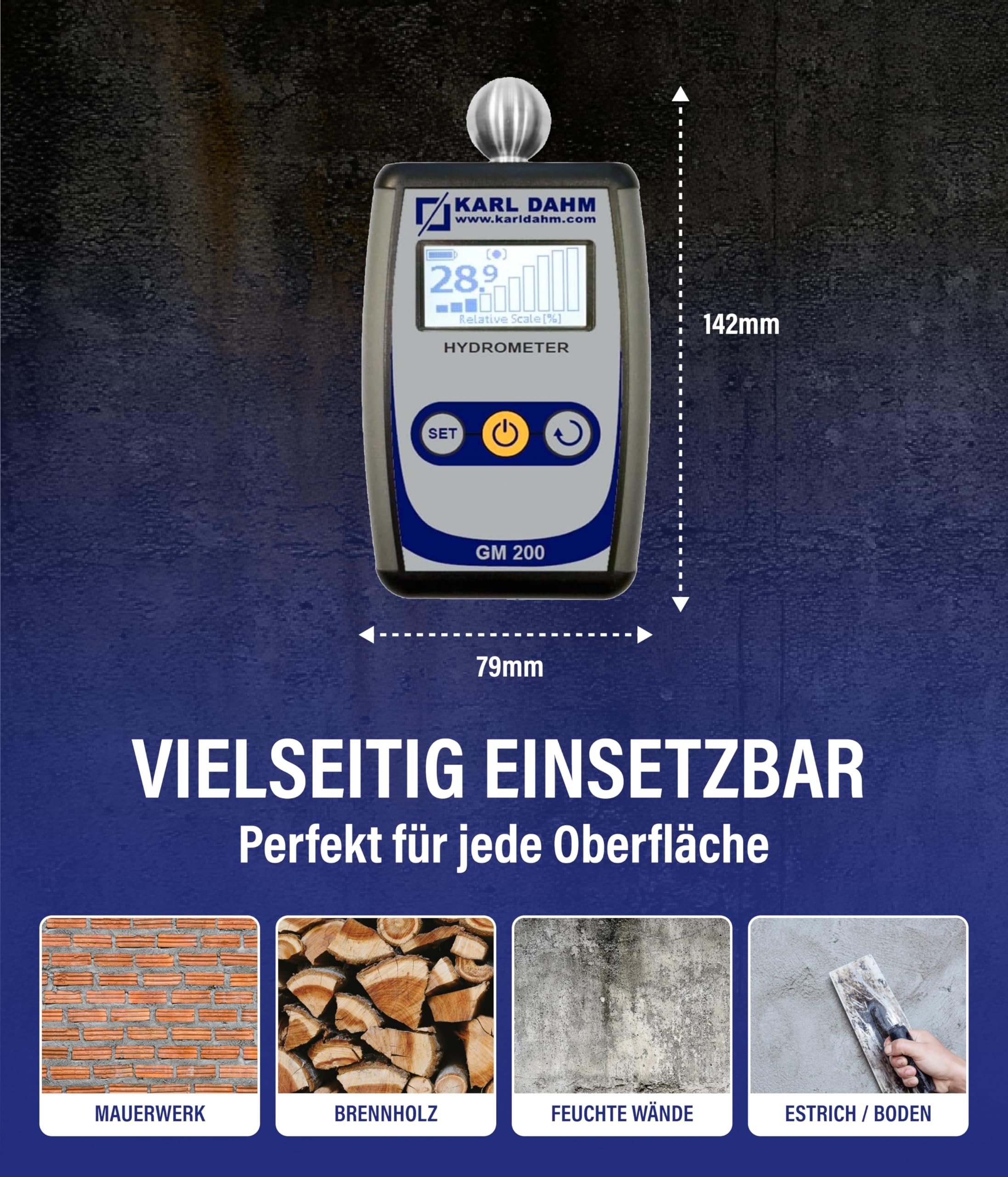 Karl Dahm Feuchtigkeitsmessgerät GM-200 mit Kugel I Perfekt geeignet um Zementestrich, Beton, Gipsputz, Holz zu messen Art.-Nr. 40435