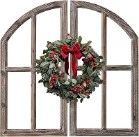 Sintosin Farmhouse Arched Window Frame Wall Decor Set of 2, 30 Inch Washed White Rustic Wooden Cathedral Pane for Living Room Entryway