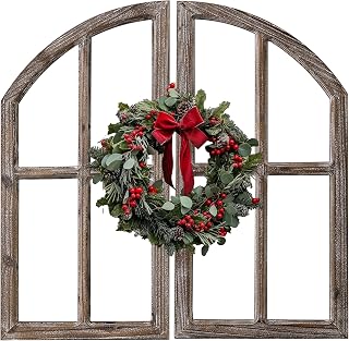 Sintosin Farmhouse Arched Window Frame Wall Decor Set of 2, 30 Inch Washed White Rustic Wooden Cathedral Pane for Living Room Entryway