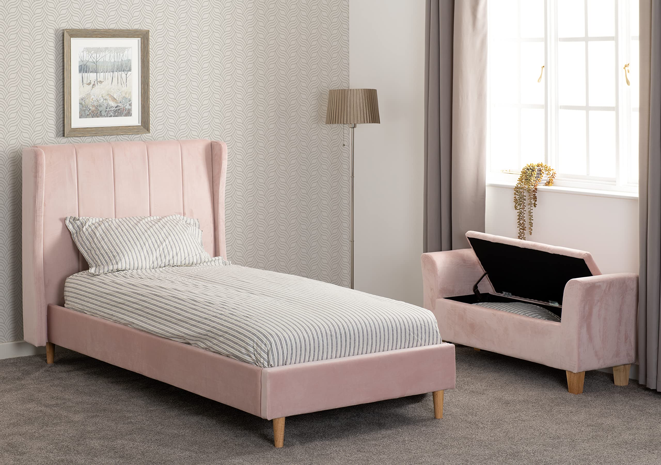 Seconique Amelia Single Bed Frame - Pink Velvet Upholstered - Wooden Sprung Slats