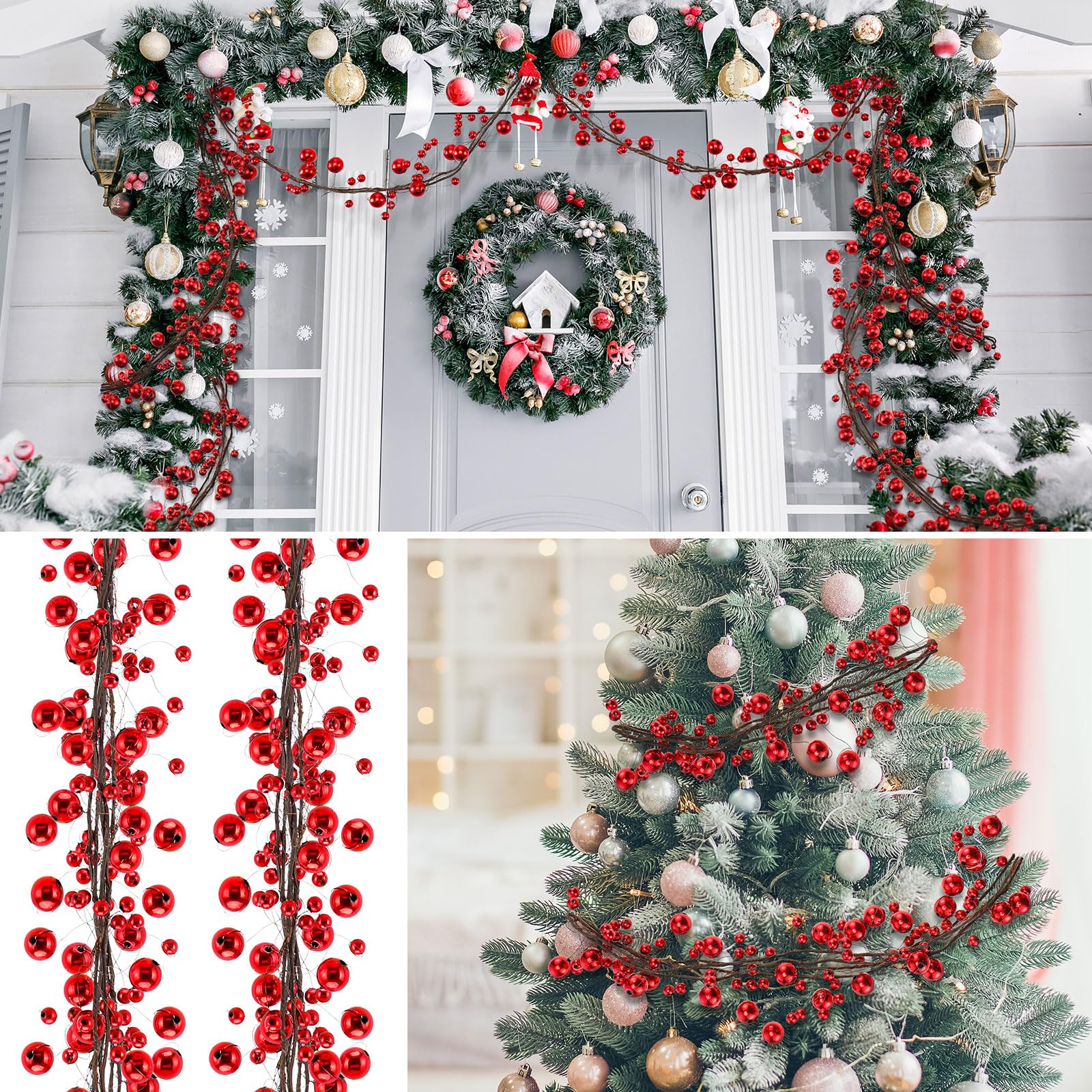 WILLBOND Guirnalda de bolas de Navidad rojas de 18 pies, adornos colgantes para árbol de Navidad, chimenea, corona, interior, exterior, hogar, oficina