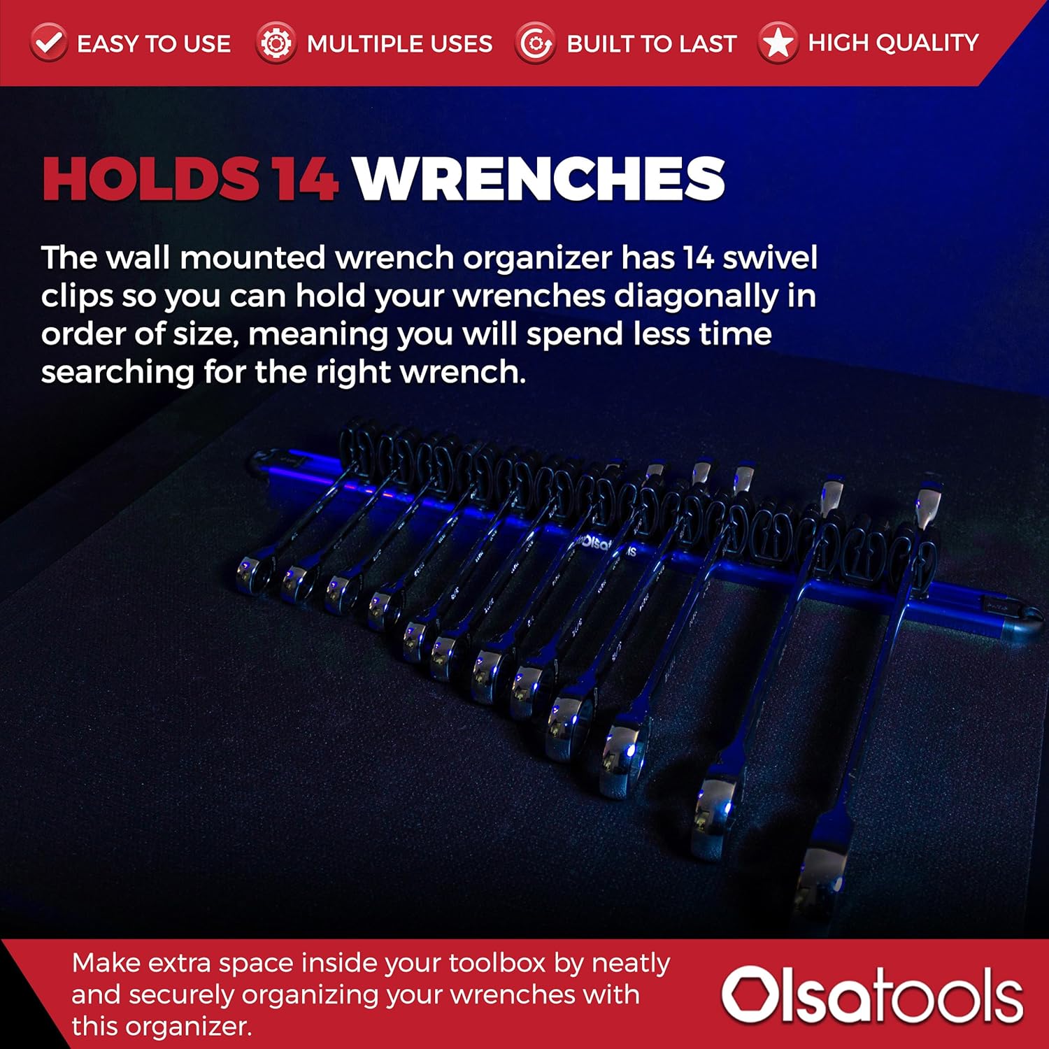 Olsa Tools Wall Mount Wrench Organizer - Rotating Clip Rack for 14 Wrenches - Blue Anodized Aluminum with Black Clips - Space Saving Tool Holder - Professional Grade Storage Solution - Part: 1029