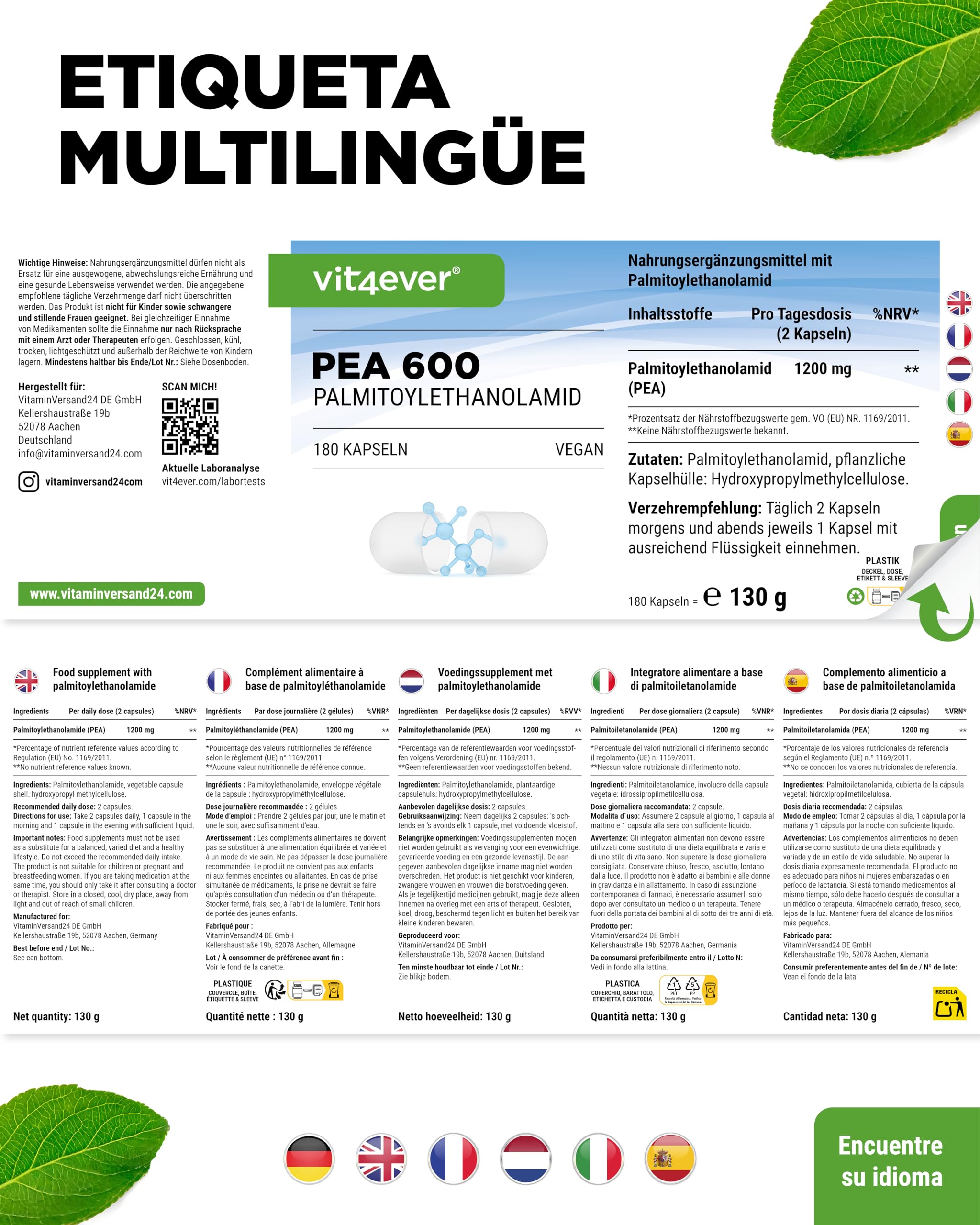 vit4ever PEA 600-180 Cápsulas veganas | 1200 mg de Palmitoiletanolamida Micronizada por dosis diaria - Alta dosis - Sin aditivos - Vegano