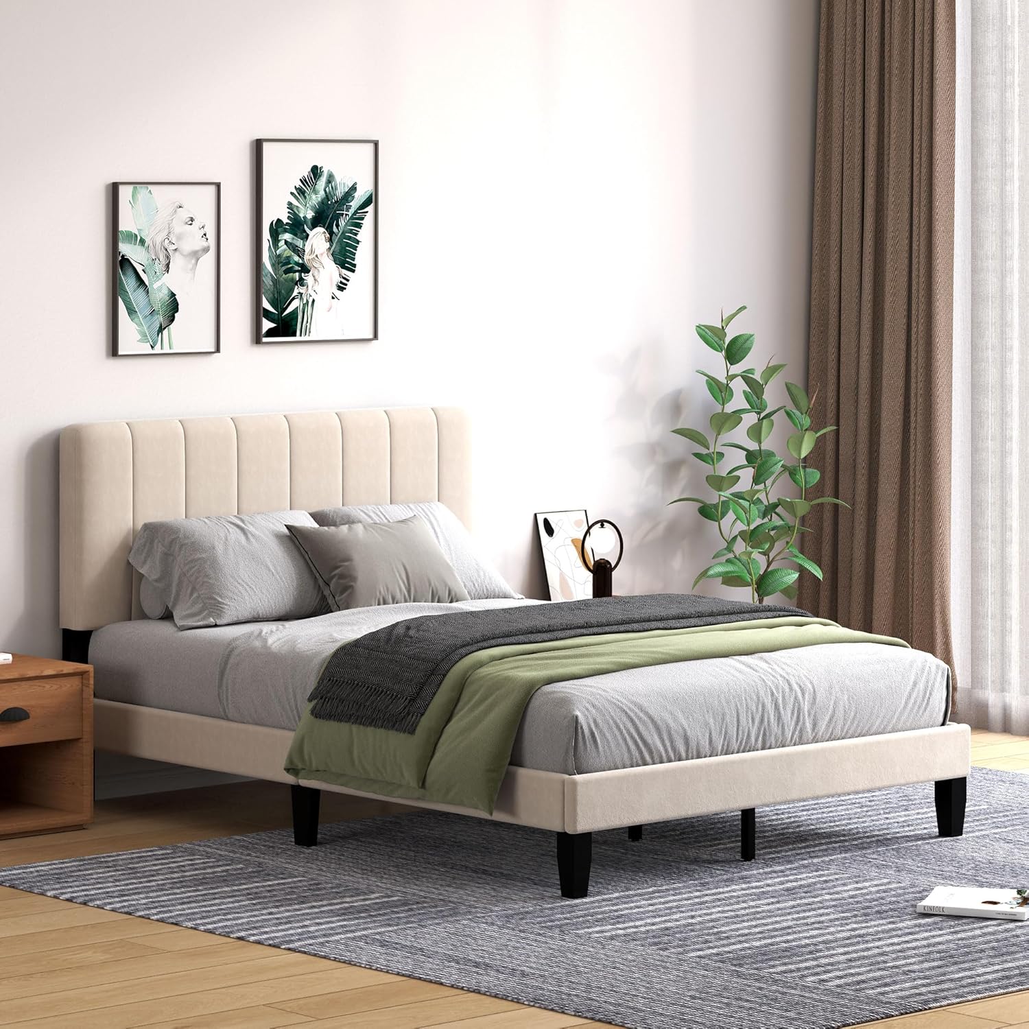 Queen Size Bed Frame with Velvet Upholstered Headboard, Platform Bed Frame with Adjustable Height Soft Headboard, 10 Pcs Sturdy Solid Wooden Slats Support, No Box Spring Needed, Noiseless, Beige