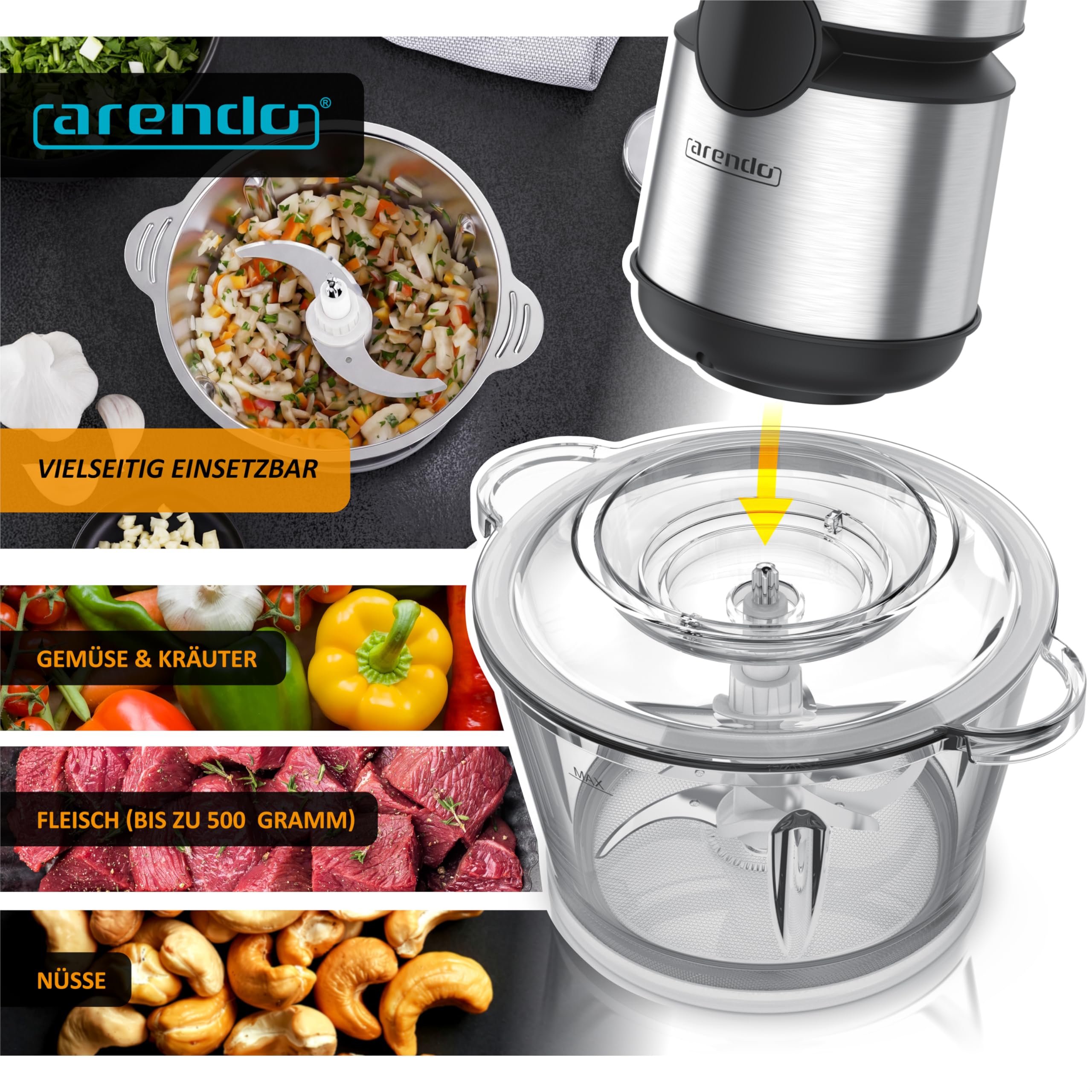 Arendo - Multi Zerkleinerer Küche elektrisch Edelstahl – extra starker 500 W Motor – 2 L Fassungsvermögen – Glas Behälter – mit Edelstahl-Mixbehälter – für Fleisch Nüsse Obst Gemüse u.v.m.