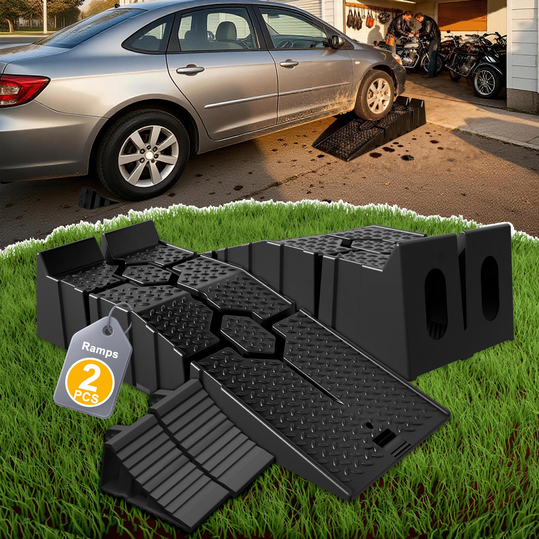 YRHome 2er Auffahrrampe +2er Unterlegkeile,PPKunststoff,rutschfeste Fahrzeugrampe (Paar 5T Tragfähigkeit) & Mit Griff Radkeile Set für PKW,Wohnmobil,Anhänger -Schwarze Radstopper+Schwarze Rampe