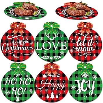 6 Pack Merry Christmas Placemats Round Christmas Plastic Table Place Mats Xmas Buffalo Plaid Dining Mats with Bows Washable Xmas Holiday Table Decoration for Indoor Outdoor Party