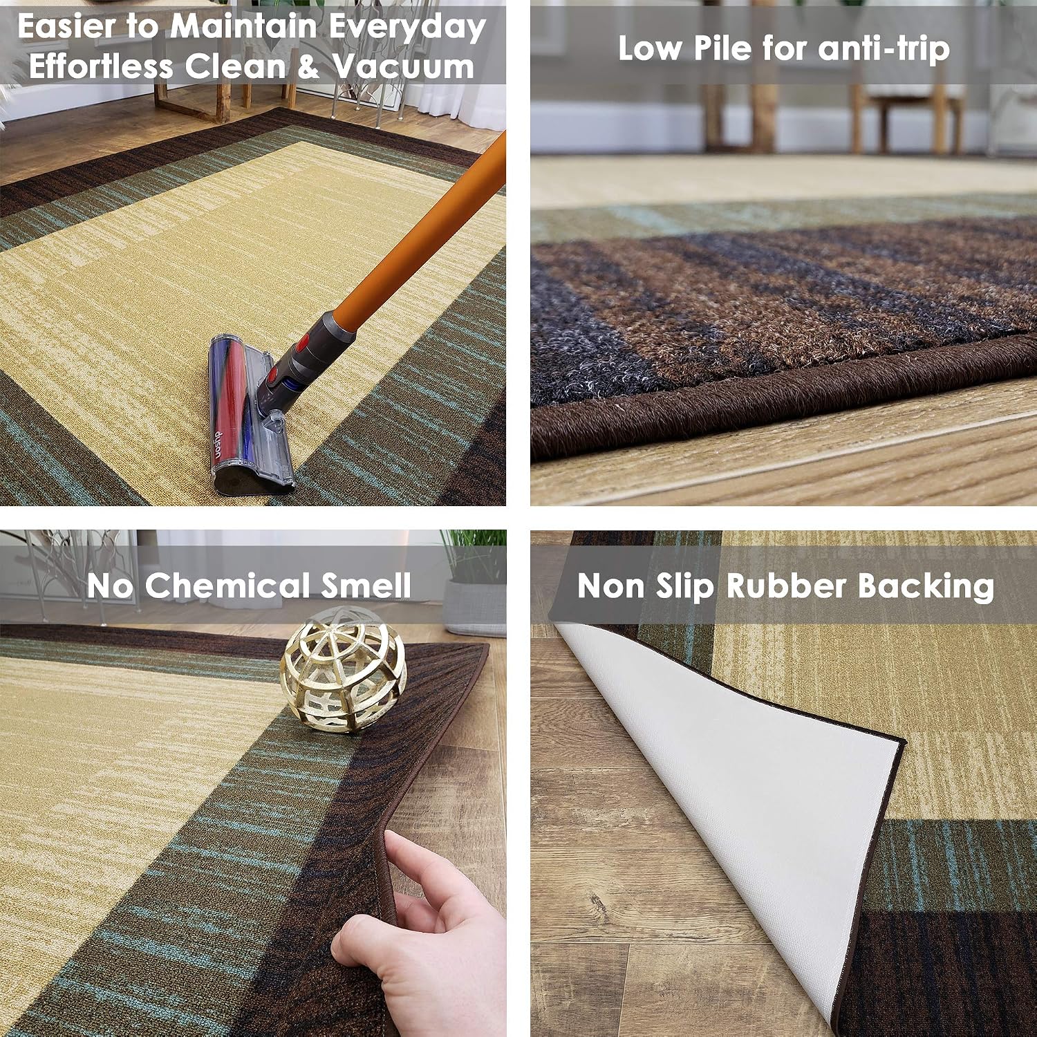 Rubber Backed Runner Rug, 22 x 84 inch, Brown Beige Border Striped, Non Slip, Kitchen Rugs and Mats