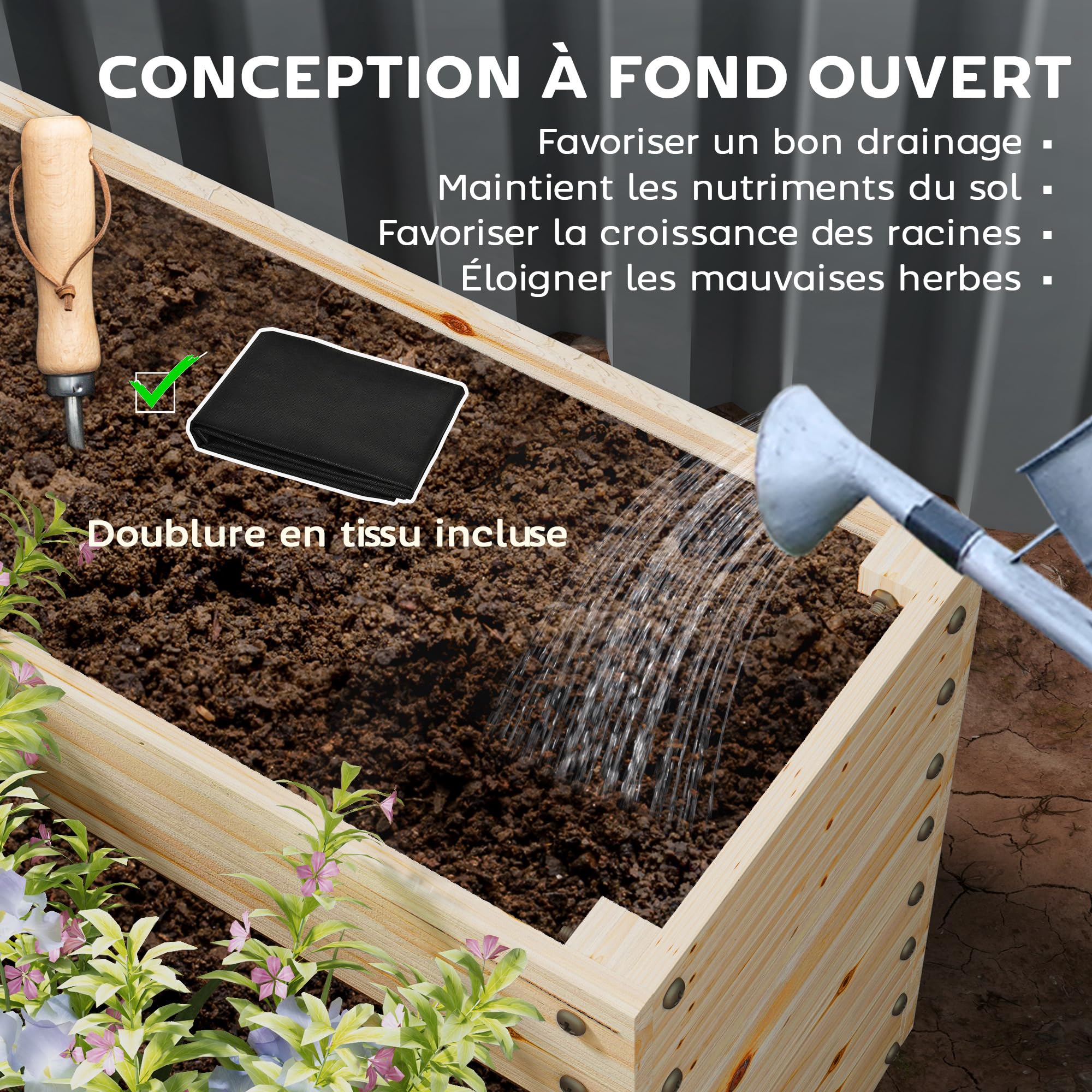 Outsunny Carré Potager de Jardin, jardinière en Bois Massif, lit de Jardin surélevé, sans Fond, 4 étages, pour Herbes légumes Fruits Fleurs, 113 x 113 x 46 cm, Bois Naturel