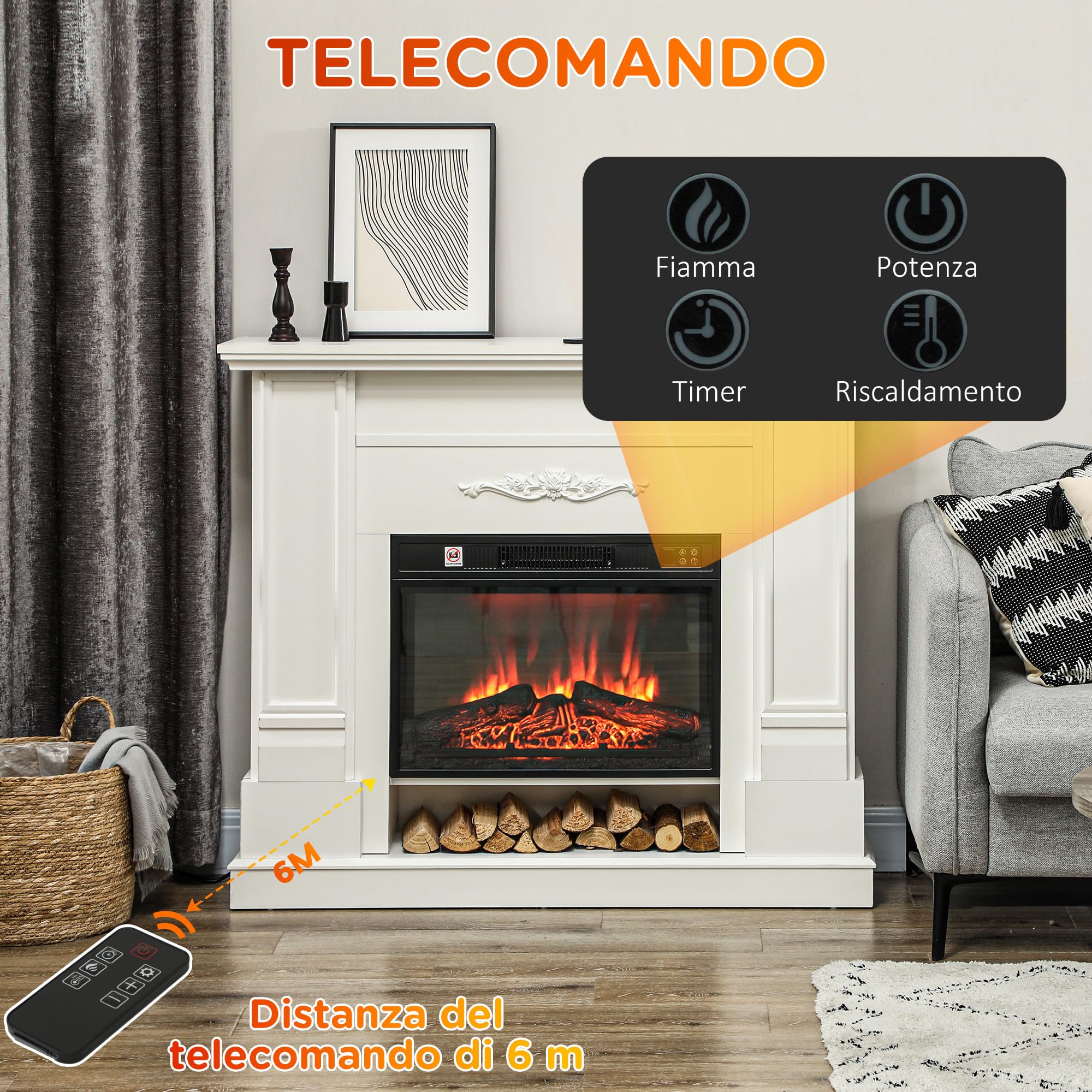 HOMCOM Camino Elettrico da Terra con Effetto Fiamma 3D e Ripiano, 177cm 1800W Caminetto Elettrico con Spegnimento Automatico, Termostato, Risacaldamento Regolabile, Timer e Telecomando, 30㎡, Bianco