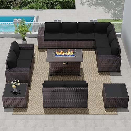 Outdoor Patio Furniture Set with Propane Fire Pit Table, 13 Pieces Outdoor Furniture Patio Sectional Sofa Conversation Sets w/ETL Approved 43" Gas Outdoor Fire Table & Coffee Table(Black)