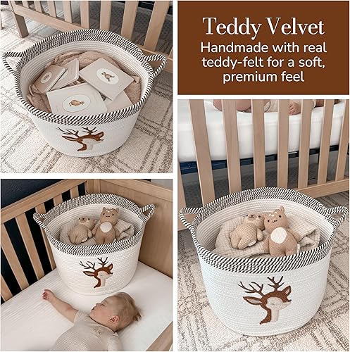 Miniatura 3 de Cesta de almacenamiento de ciervos para guardería, cubo grande de cuerda de algodón de 15 x 11 pulgadas con parche de animales de fieltro suave,