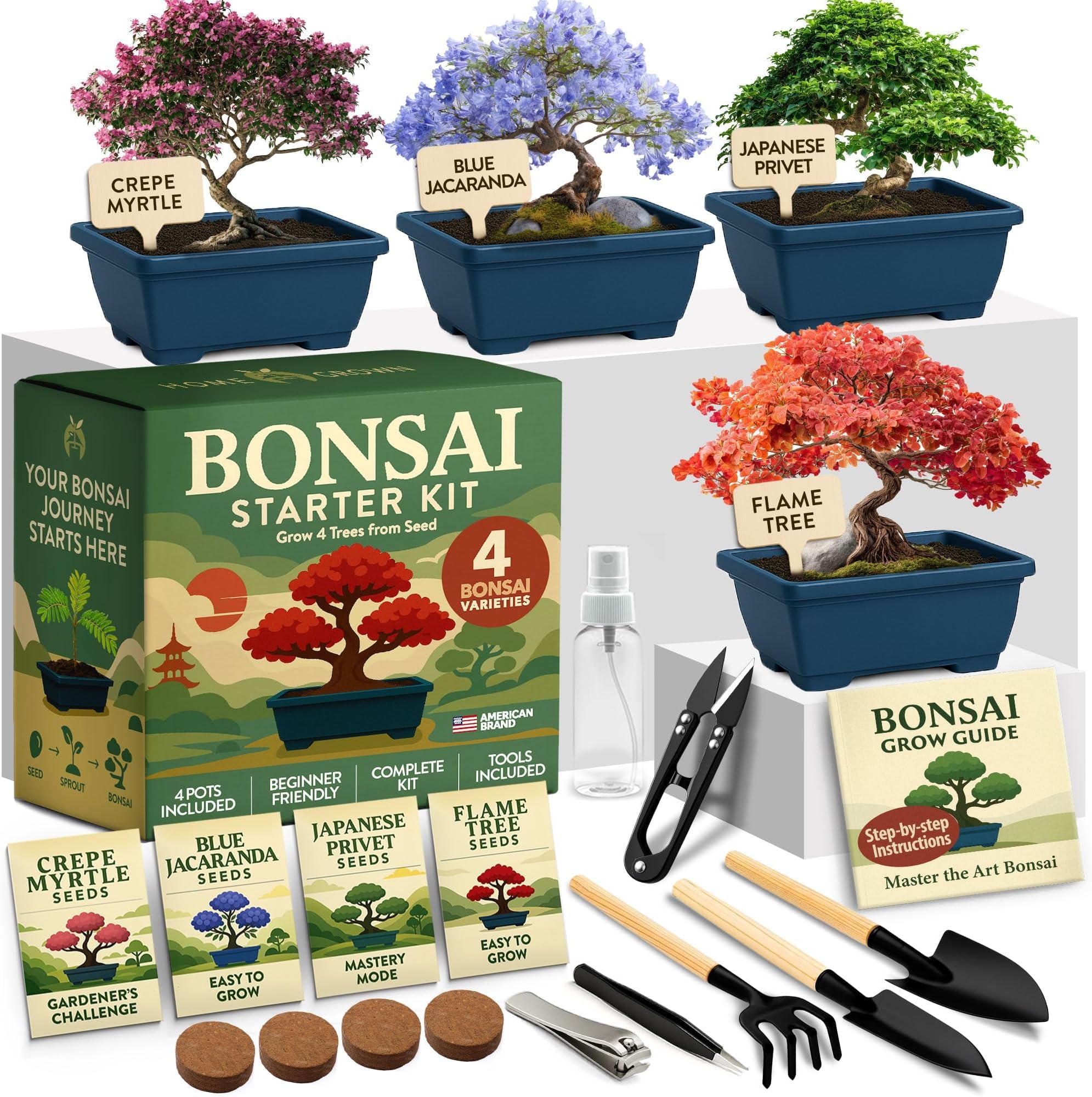HOME GROWN Bonsai Tree Starter Kit โ Unique Christmas Gift for Adults, Men, Women - Grow 4 Bonsais โ DIY Crafts Hobby Gardening Kit for Plant Lovers, Mom, Dad - White Elephant Gifts for Adults