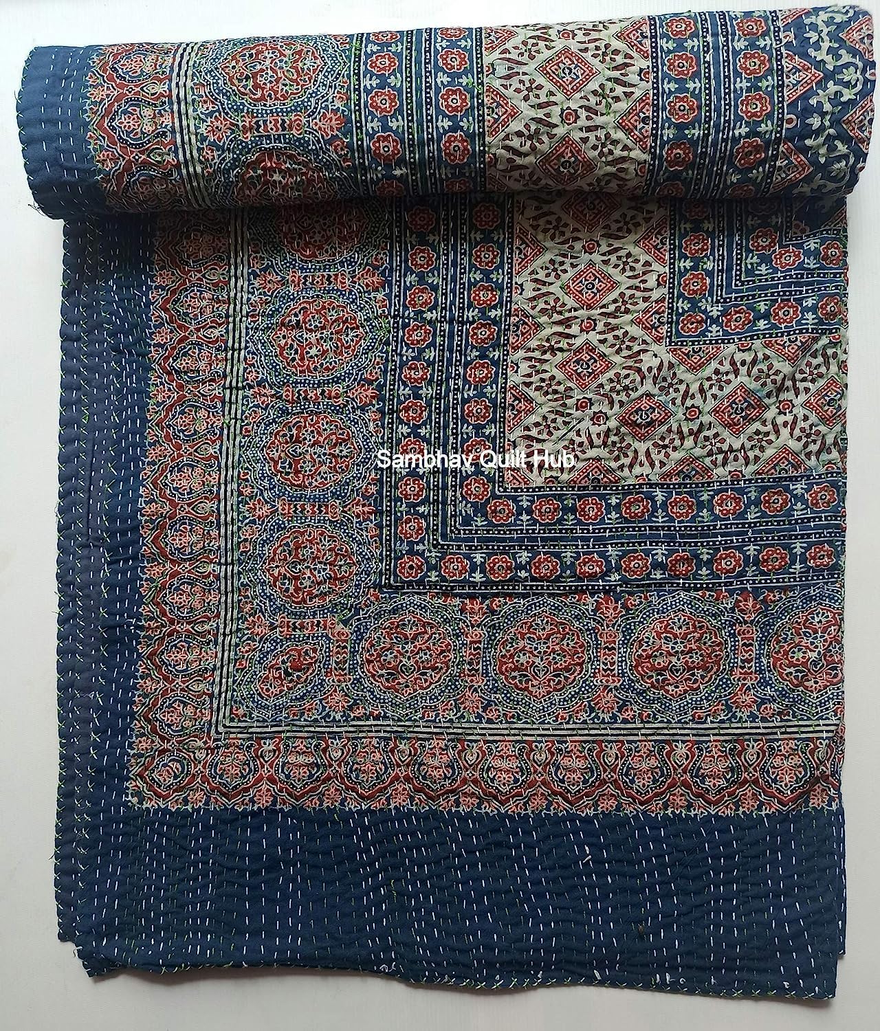 Hippie Queen Ajrakh Kantha Quilt Handmade Bohemain Bedspread King Size Vegetable Dye Kantha Blanket Bedcover Boho Quilting Indigo Print Ajrakh Cotton Kantha Quilt 108X108 inch