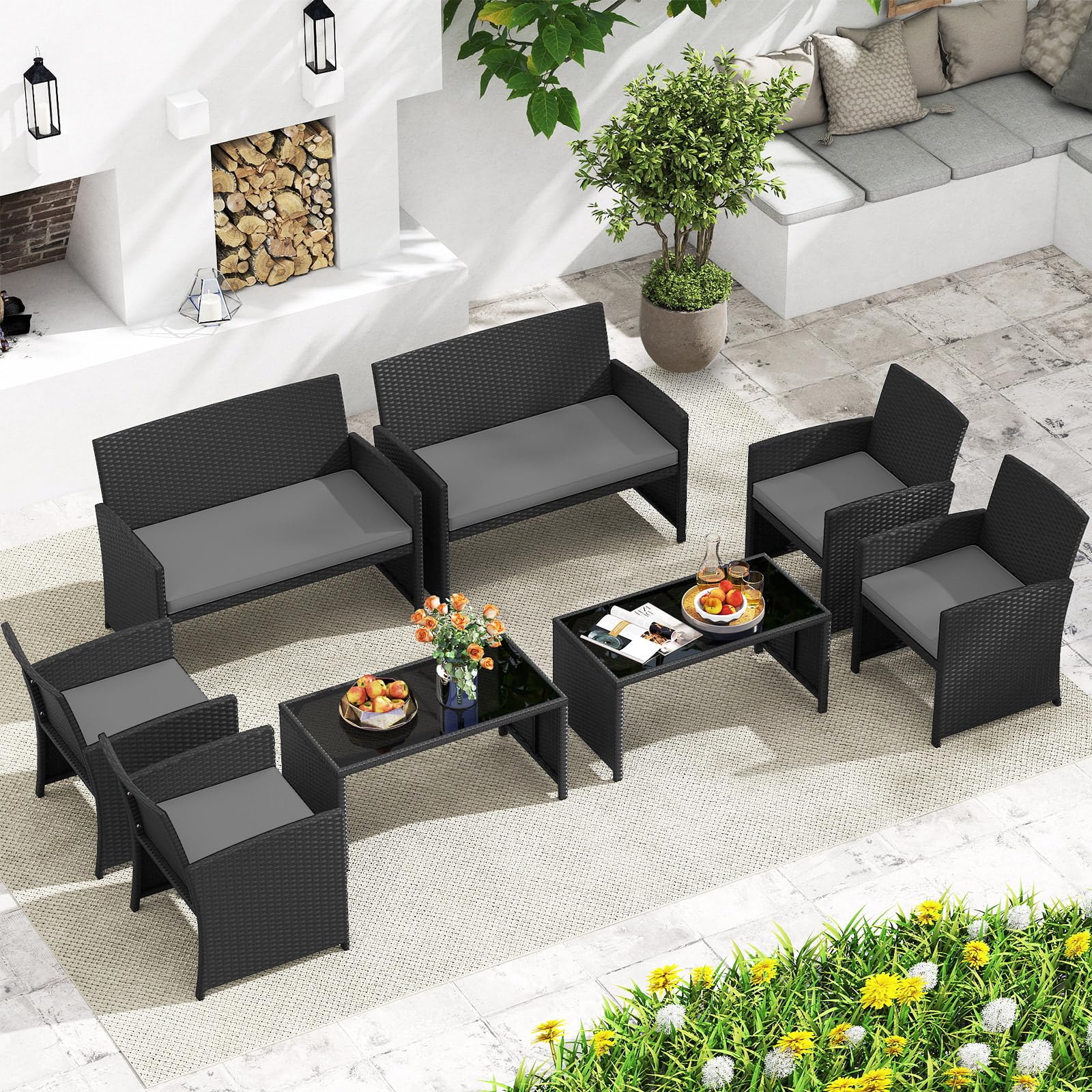 COSTWAY Set Salotto da Giardino 4 Pezzi, Divanetto e Poltrone in Rattan con Tavolino da Caffè in Vetro Temperato, Grigio