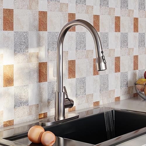 Miniatura 9 de Grifos de fregadero de cocina de níquel cepillado con rociador extraíble, grifo de cocina de arco alto de una sola manija con placa de cubierta,