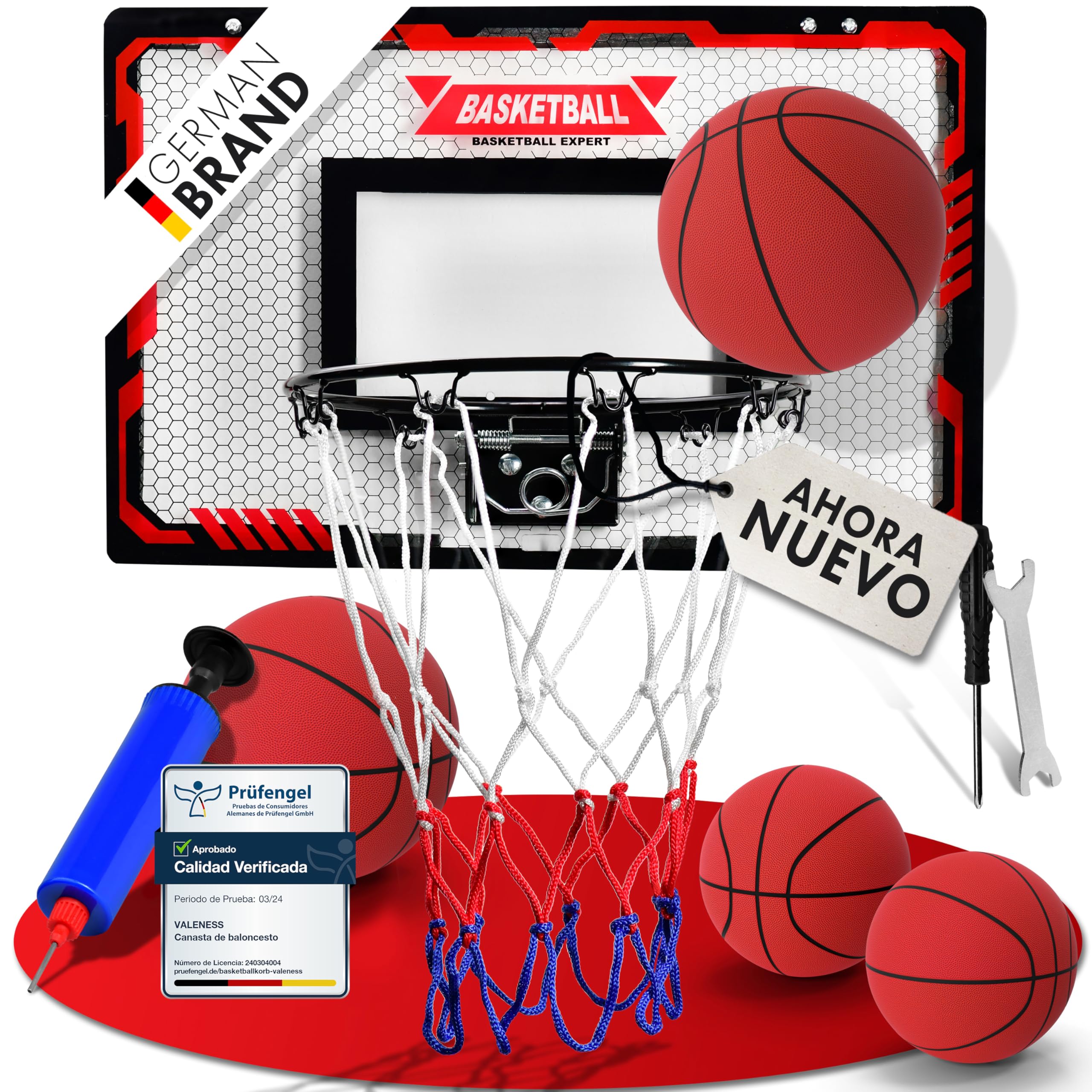Mini Canasta de Baloncesto Interior [para Puerta & Pared] - Aro de Baloncesto Pequeño con Función de Mate, 4 Pelotas, Bomba & Accesorios de Montaje - para Niños y Adultos