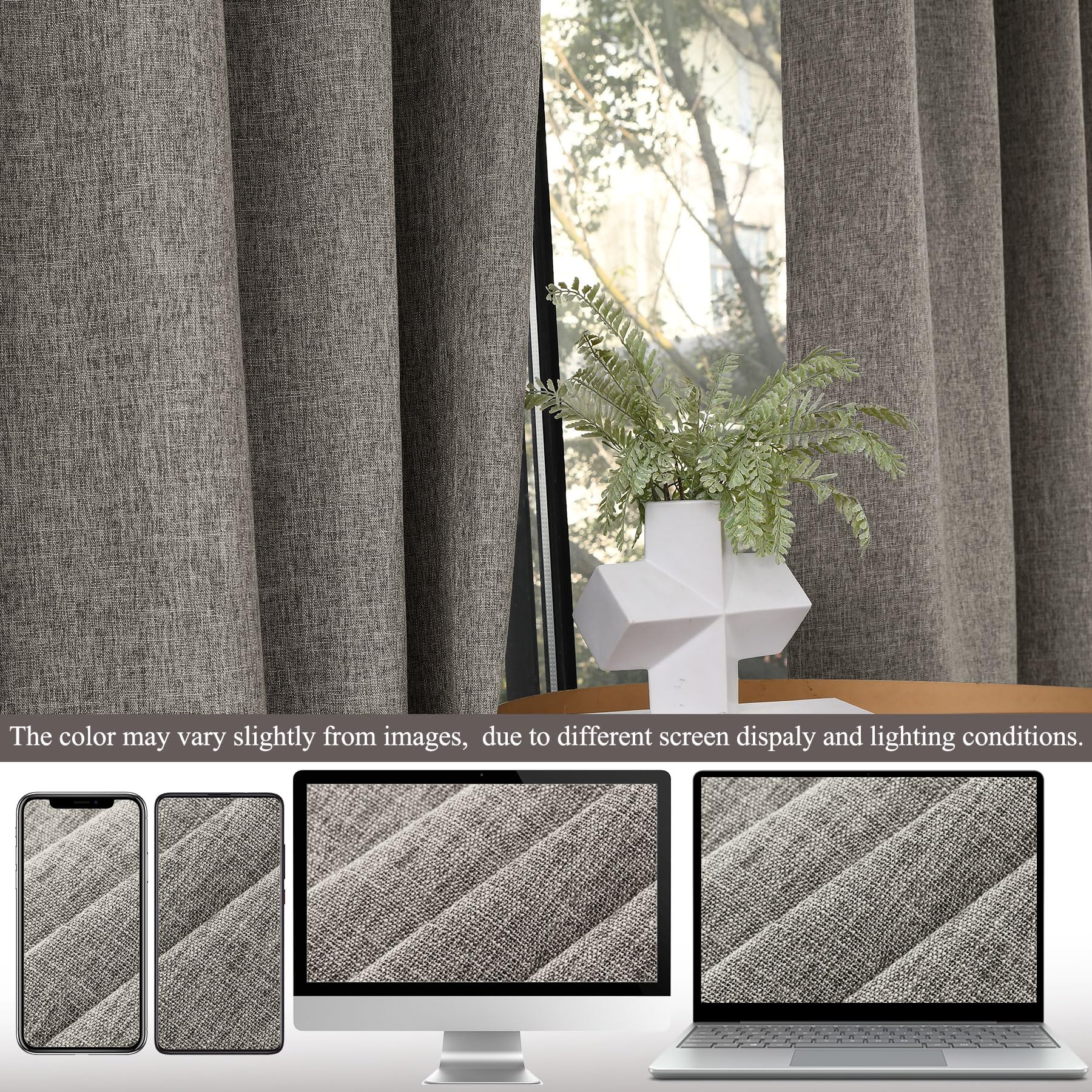Lot de 2 rideaux 100 % occultants à texture de lin de 106,7 x 137,2 cm, séparateur de pièce, languette arrière et passe-tringle – Panneaux de fenêtre gris rétro pour intimité – Pour décoration