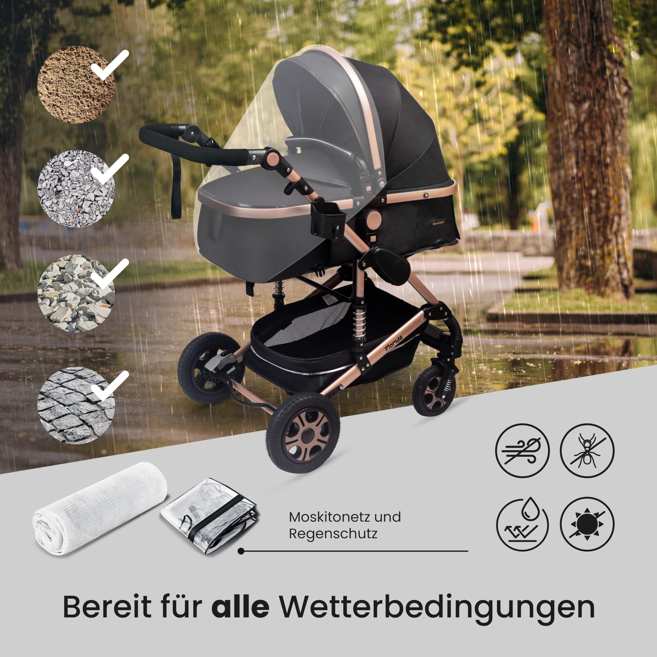 GaGaDumi Florida Kinderwagen 3 in 1 Komplettset mit Autositz - Baby Stroller TÜV - Kombikinderwagen Komplettset Voll-Gummireifen - Wickeltasche Schwarz/Schwarz
