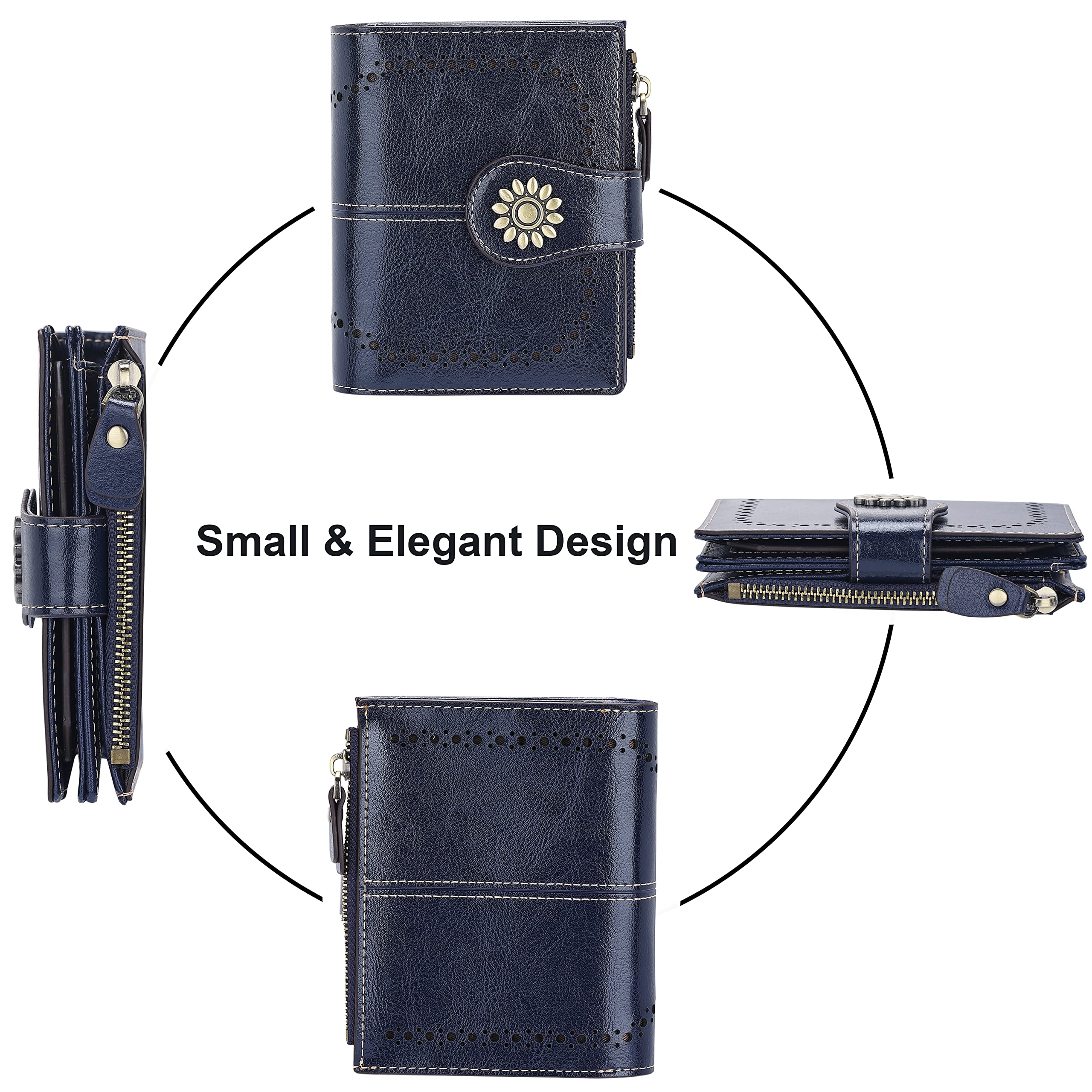Lavemi Cartera de piel para mujer, pequeña, compacta, con bloqueo RFID, bolsillo con cremallera, Azul, Talla única