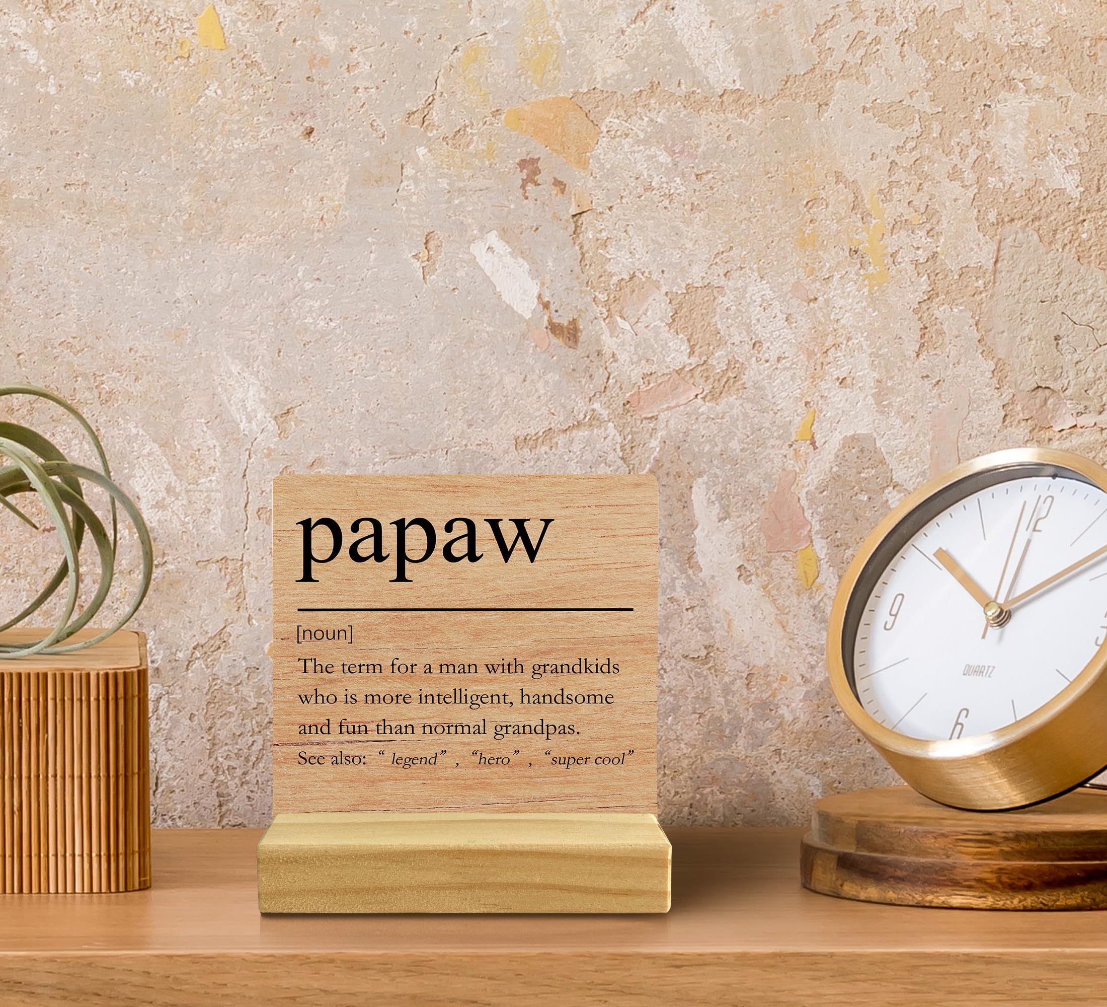 QASHWEY Papaw Gifts Desk Decor, Gifts for Papaws Grandpa, Papaws Gift for Grandpa Fathers Day, Grandpa Papa Gift Wood Table Signs, Papaw Definition Wooden Plaque with Wooden Stand for Room Home