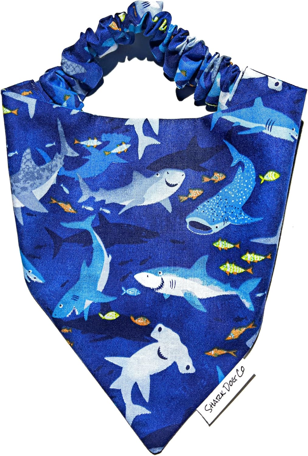 | Happy Sharks | Slip-on, Scrunchie Dog Bandana | No Tying or Collar Necessary | Machine Washable (XL)