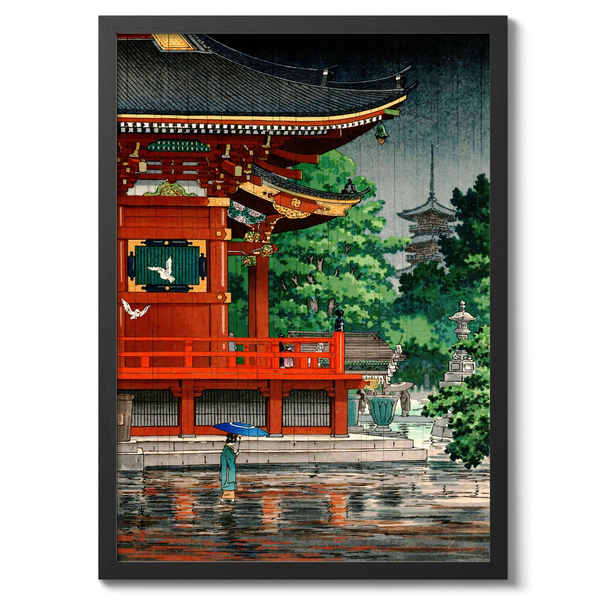 Rain At Asakusa Kannon Temple Japanese Woodblock Print, Vintage Aesthetic Poster Japan Wall Art Exhibition Ukiyo-E Home Decor, Archival Matte, A4 (Black Frame) - 29.7x21cm