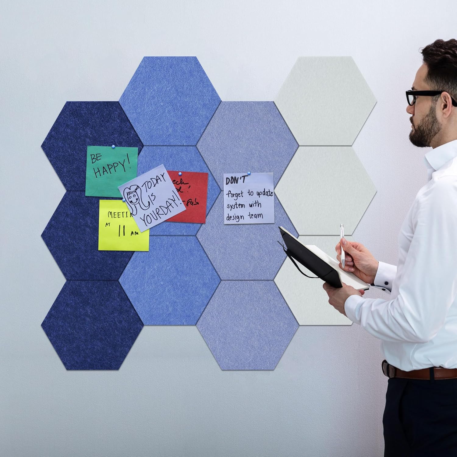 Vienrose Hexagon Felt Bulletin Board Self Adhesive Pin Board Wall Decoration Tiles with 35 Push Pins for Office Home and School, Blue Series 12 Pack