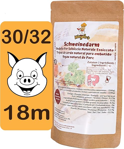 Boyau de Porc Naturel 30/32 - Comparable à celui des charcuteries - Résistant à la cuisson - Convient pour le fumage et le barbecue (30/32 18m) - 1